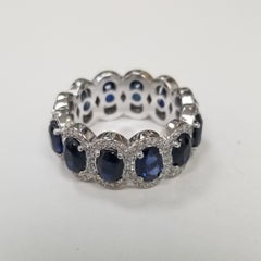 Oval Sapphires with Diamond Halo Eternity Ring Set in 14k White Gold