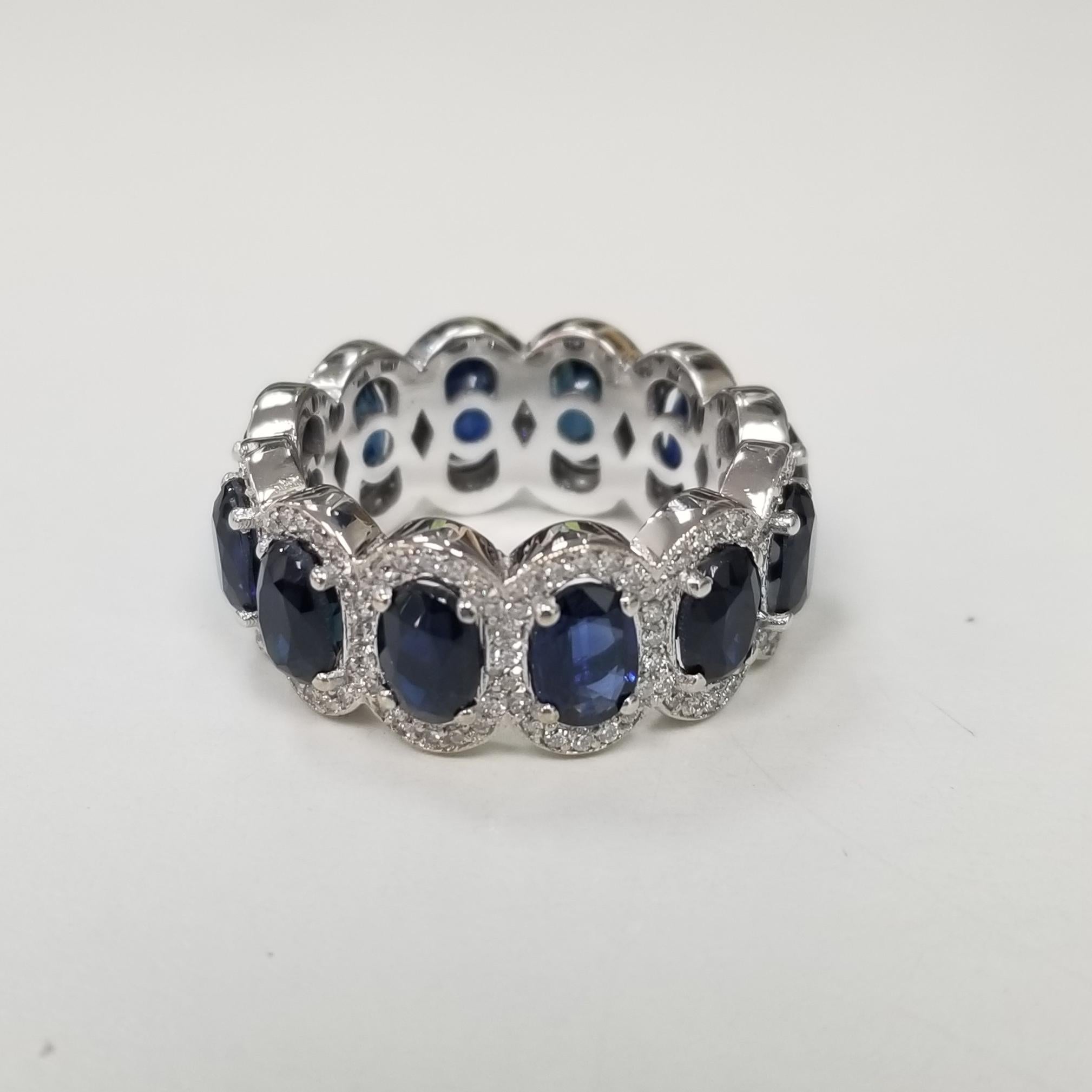 Contemporary Oval Sapphires with Diamond Halo Eternity Ring Set in 14k White Gold For Sale