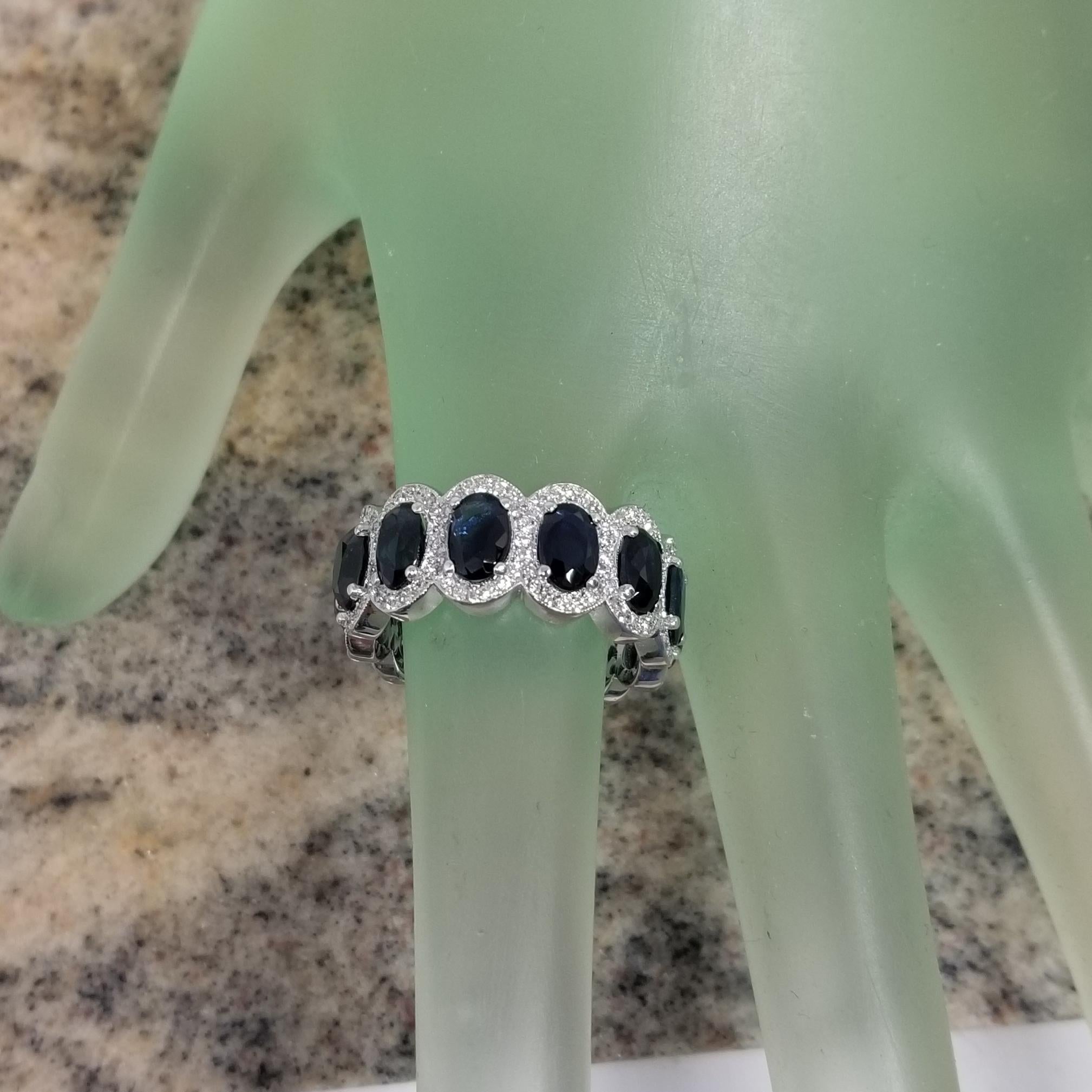 Oval Cut Oval Sapphires with Diamond Halo Eternity Ring Set in 14k White Gold For Sale
