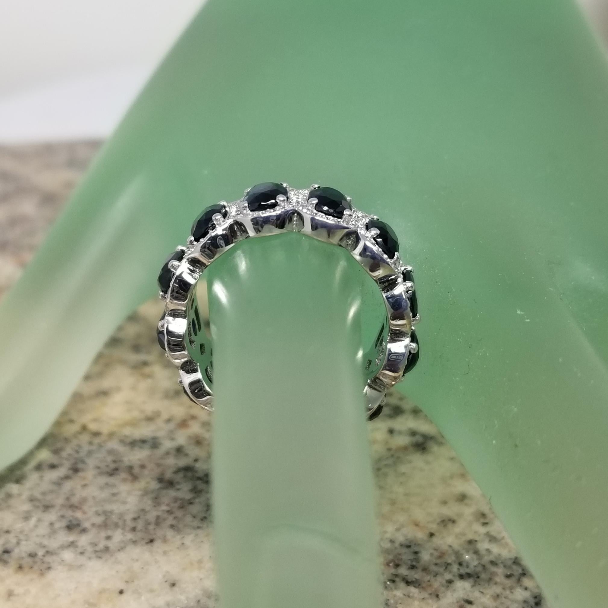 Women's or Men's Oval Sapphires with Diamond Halo Eternity Ring Set in 14k White Gold For Sale