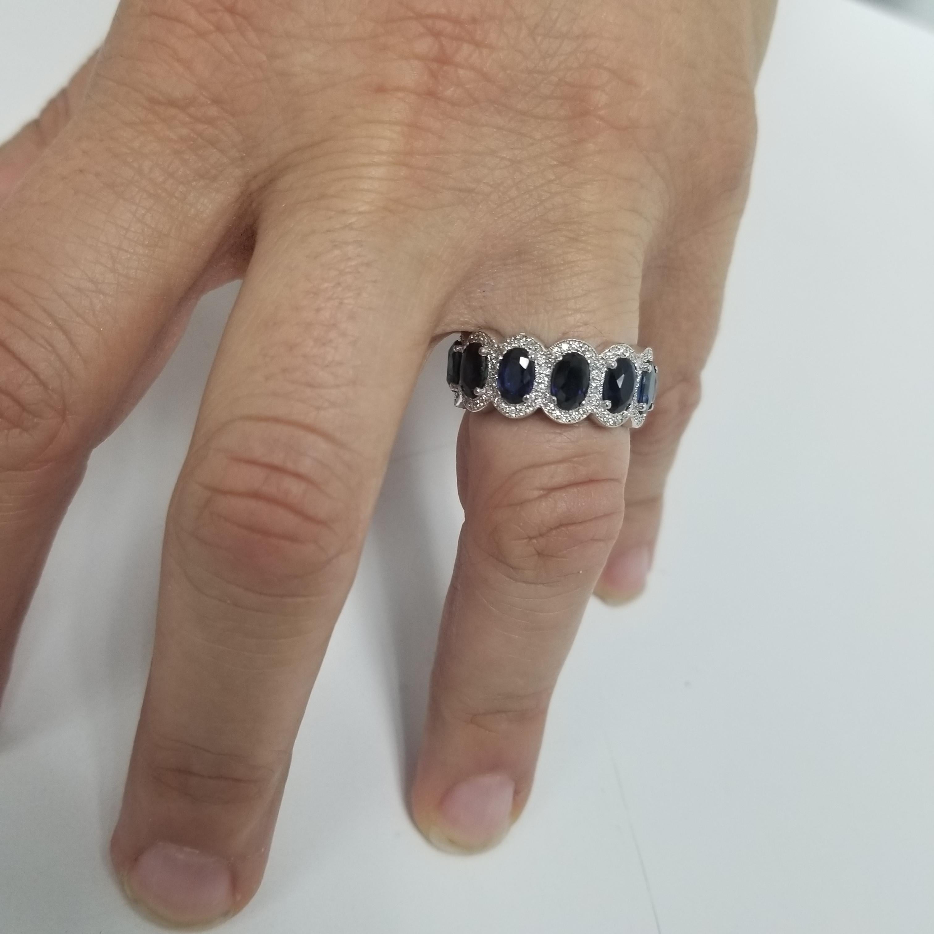 Oval Sapphires with Diamond Halo Eternity Ring Set in 14k White Gold For Sale 1