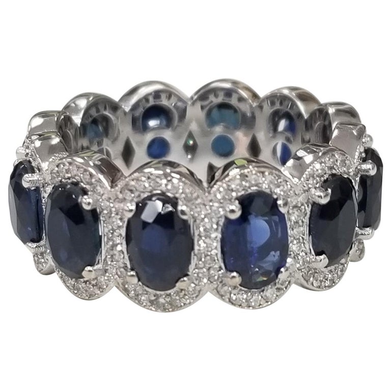Oval Sapphires with Diamond Halo Eternity Ring Set in 14k White Gold ...