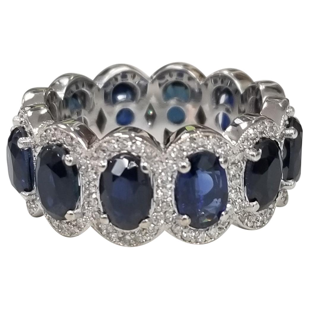 Oval Sapphires with Diamond Halo Eternity Ring Set in 14k White Gold For Sale