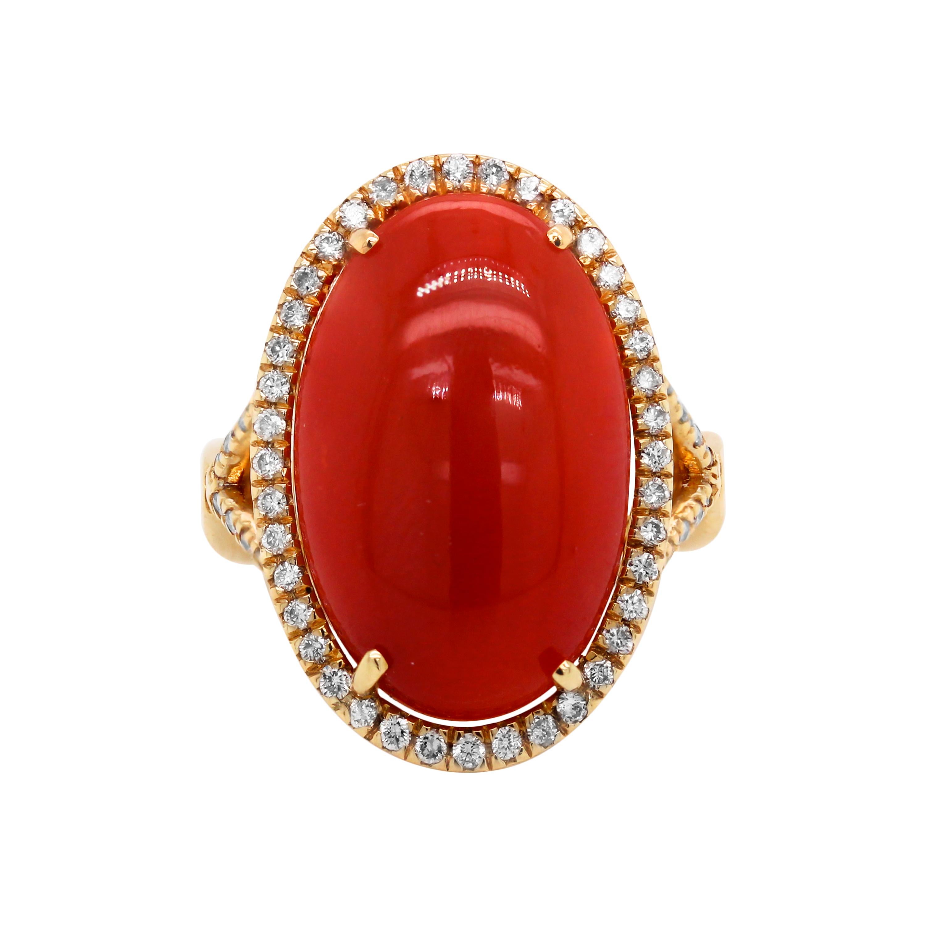 Oval Sardinian Coral 18K Yellow Gold Diamond Cocktail Ring

A beautiful Sardinian coral center is set in the center surrounding with diamonds that lead to the band of the ring.

12.53 carat Sardinian coral center
0.70 carat H color, SI clarity