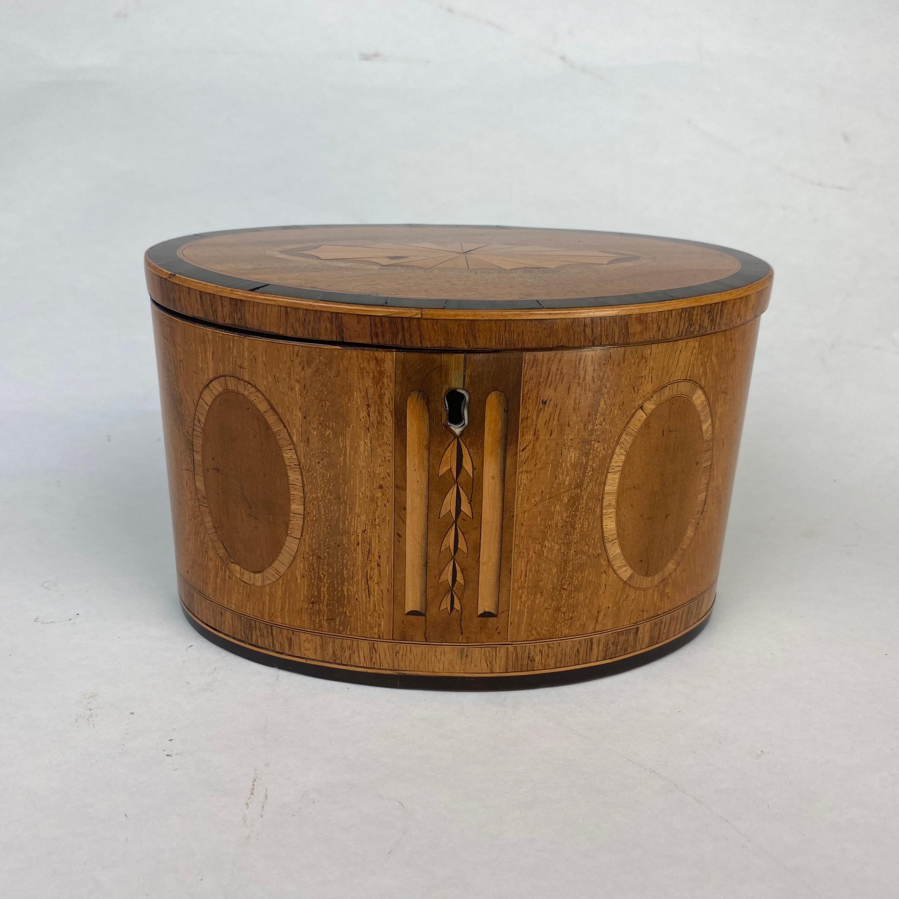 A very fine quality stainwood and inlaid oval single compartment tea caddy.  the top inlaid with a well executed oval patera within an ebony cross-banding.  the front inlaid with a central ribbon of harebell flowers flanked by two sycamore and