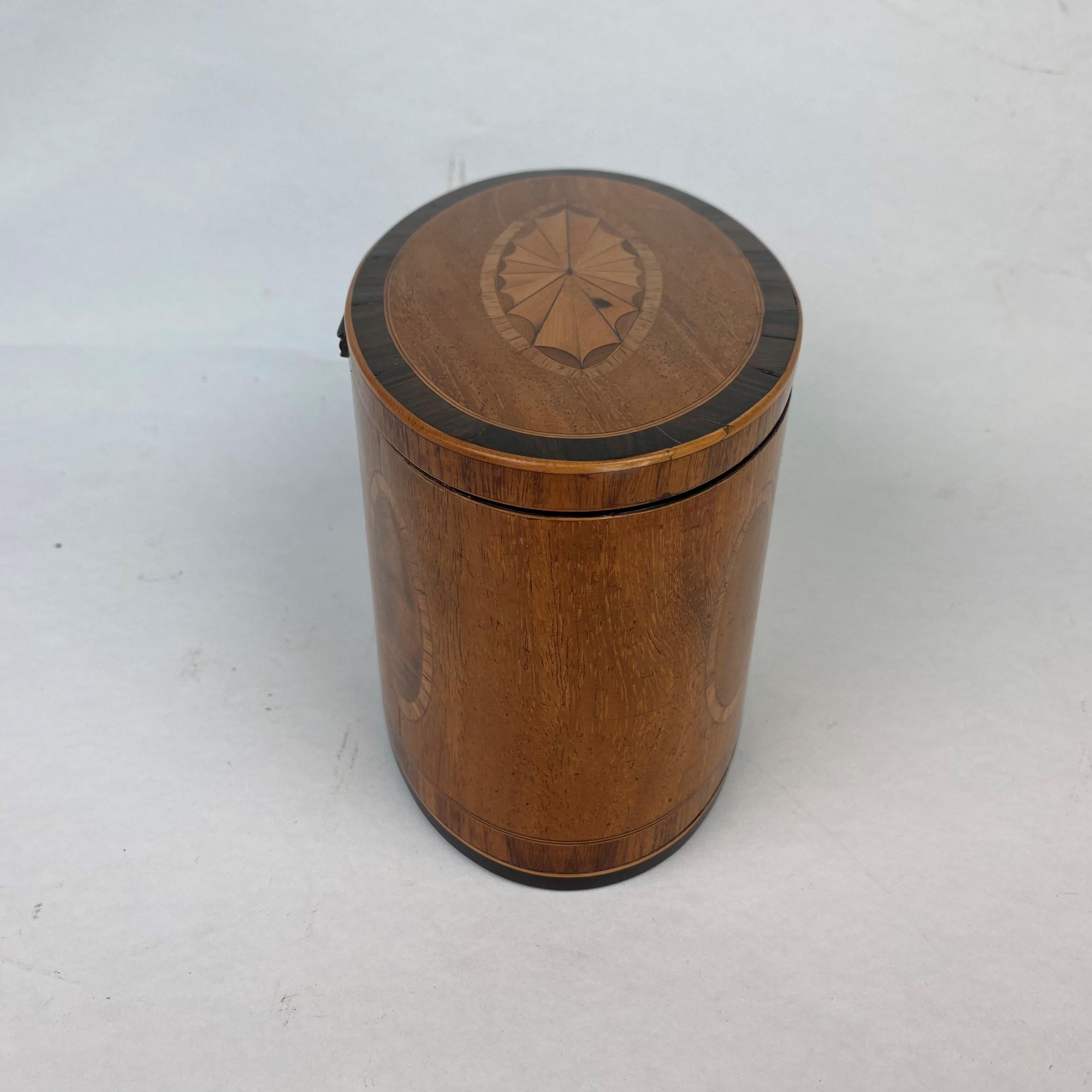 XVIIIe siècle Boîte à thé ovale en bois de satin marqueté en vente