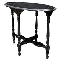 Antique Oval Scalloped Black turned leg or Bobbin Leg Carved Side Demi Lune Table
