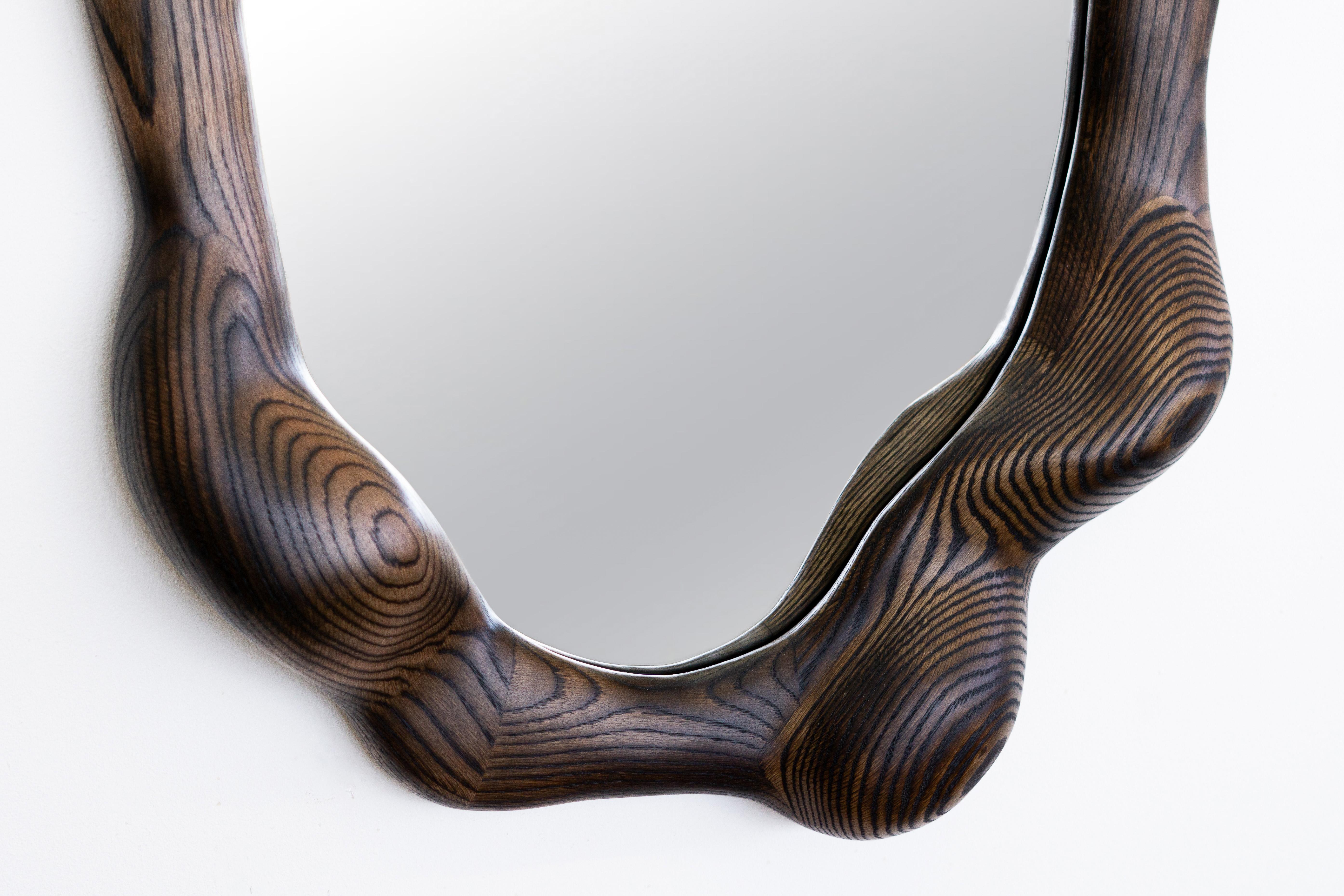 Organic Modern Oval Sculptural Mirror in Charred Oak - Wavy Mirror For Sale