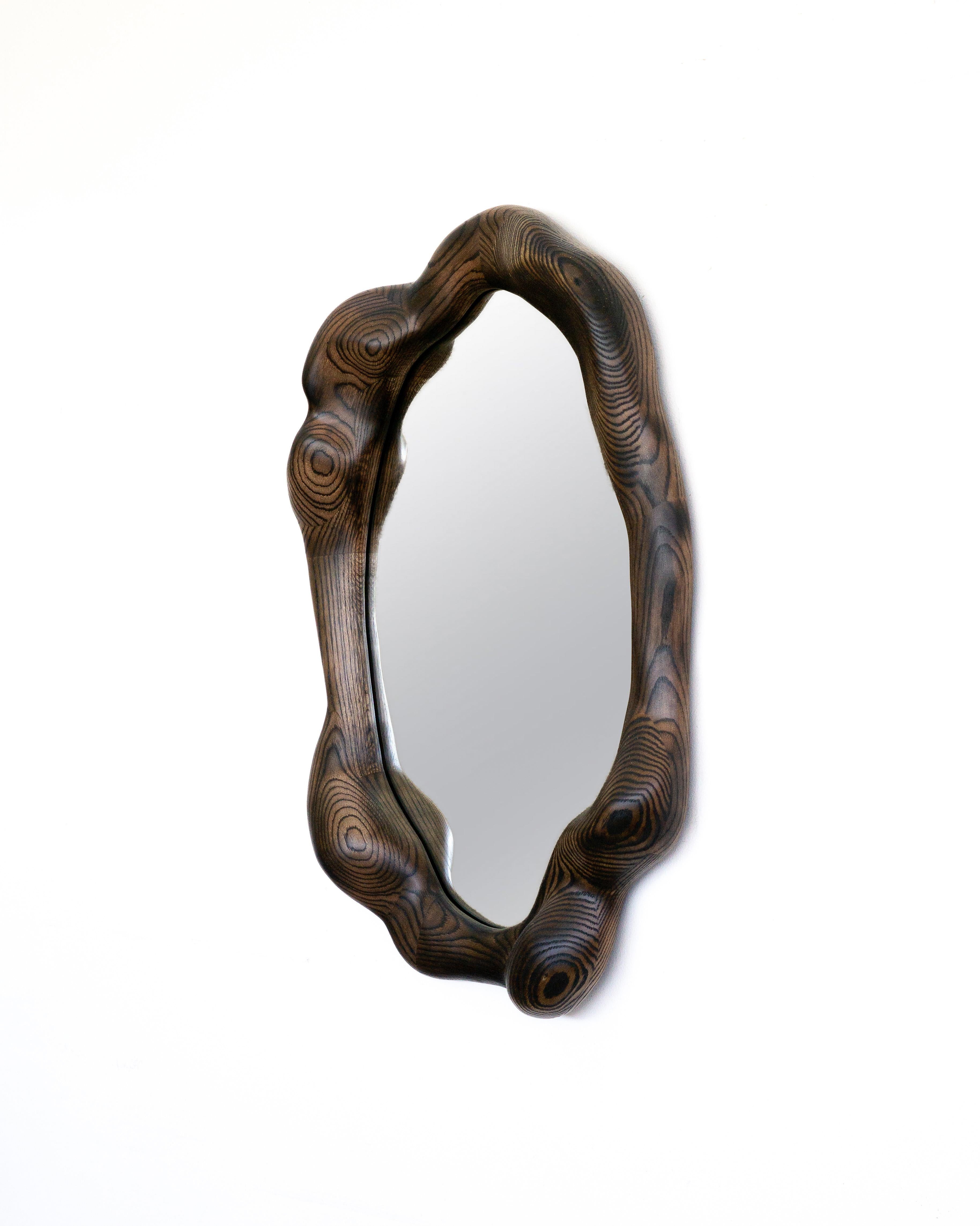 Woodwork Oval Sculptural Mirror in Charred Oak - Wavy Mirror For Sale
