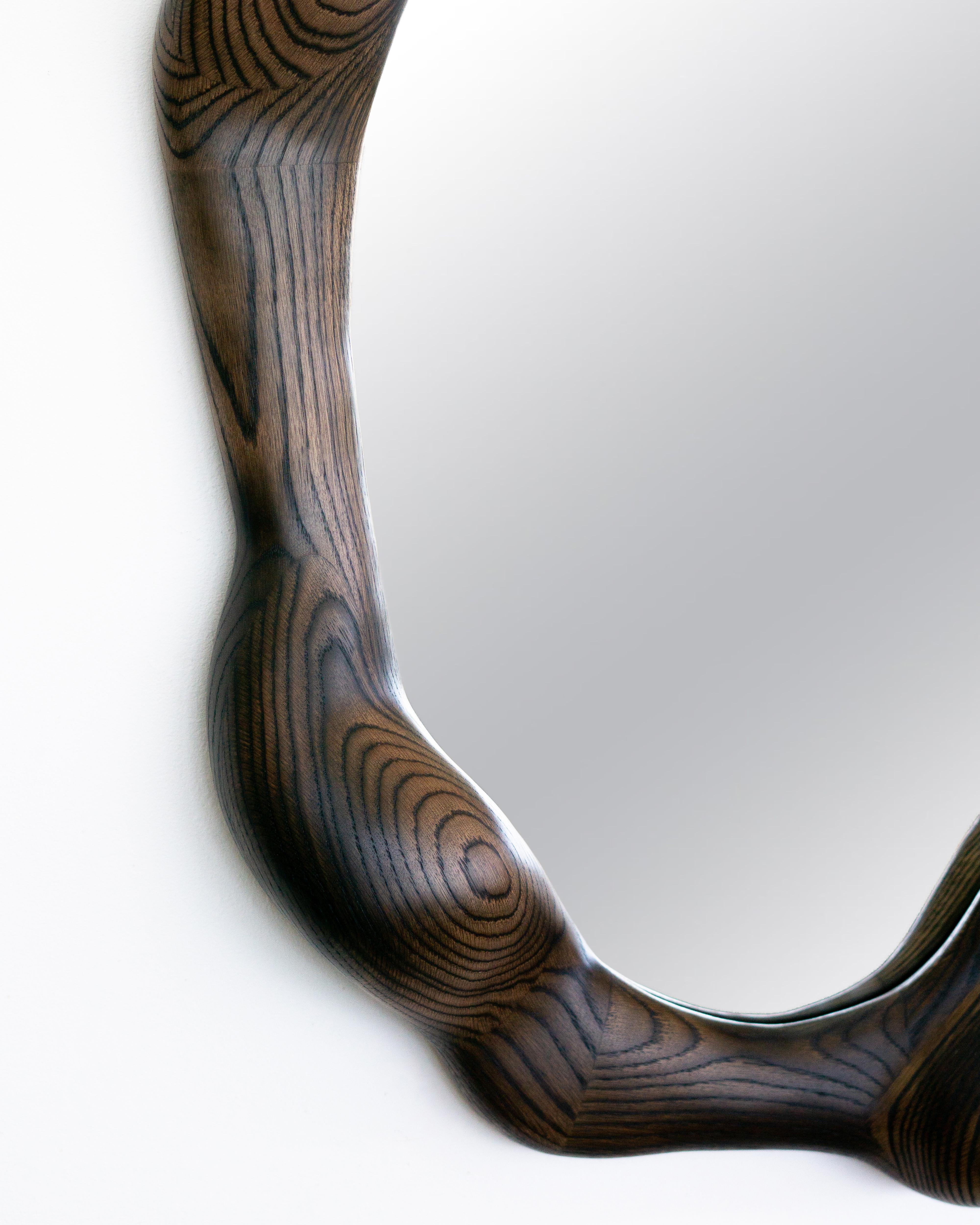 Contemporary Oval Sculptural Mirror in Charred Oak - Wavy Mirror For Sale