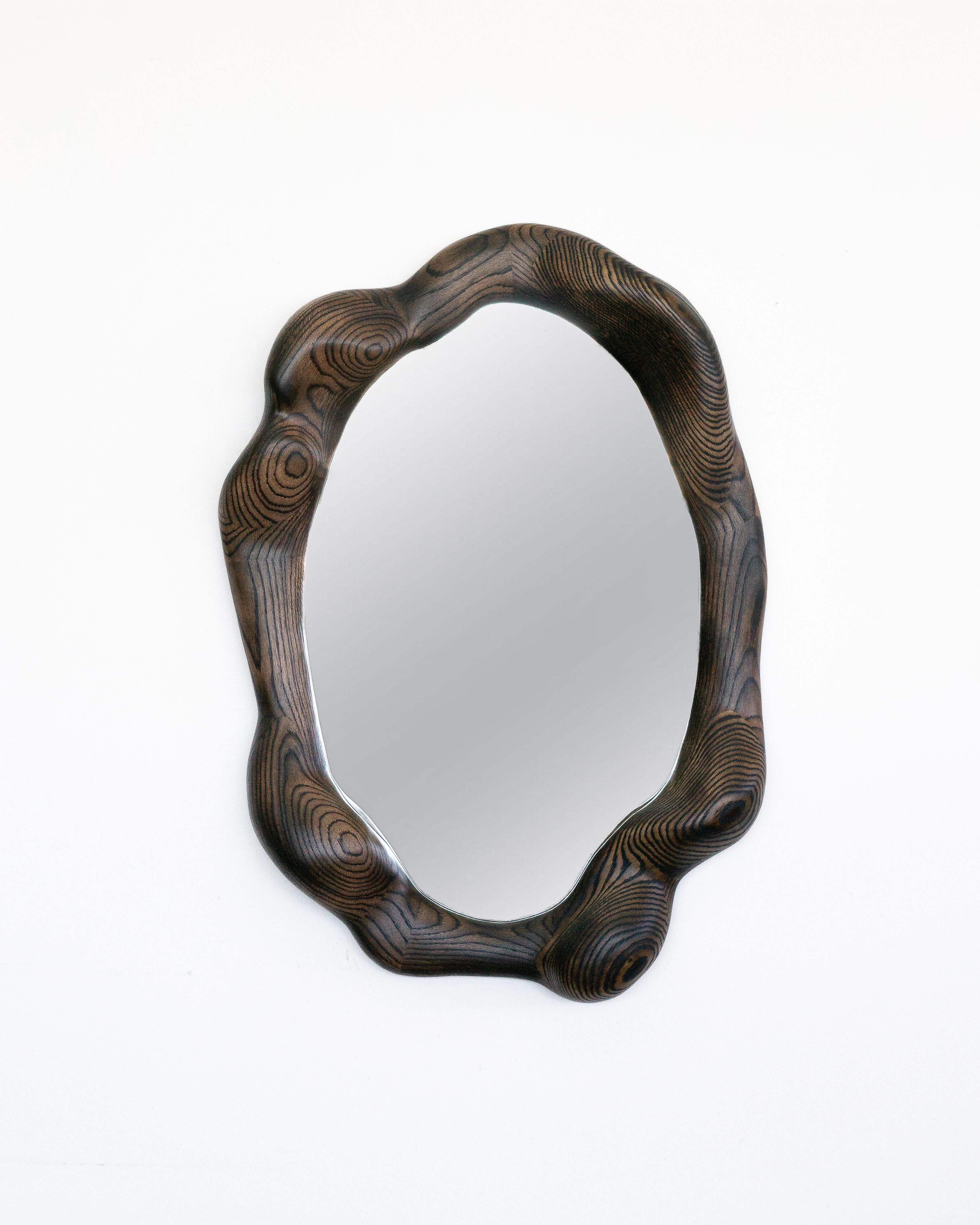 Oval Sculptural Mirror in Charred Oak - Wavy Mirror For Sale 1
