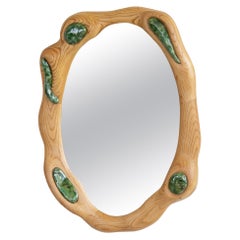 Oval Sculptural Mirror in Red Oak and Glazed Ceramic - Wavy Mirror