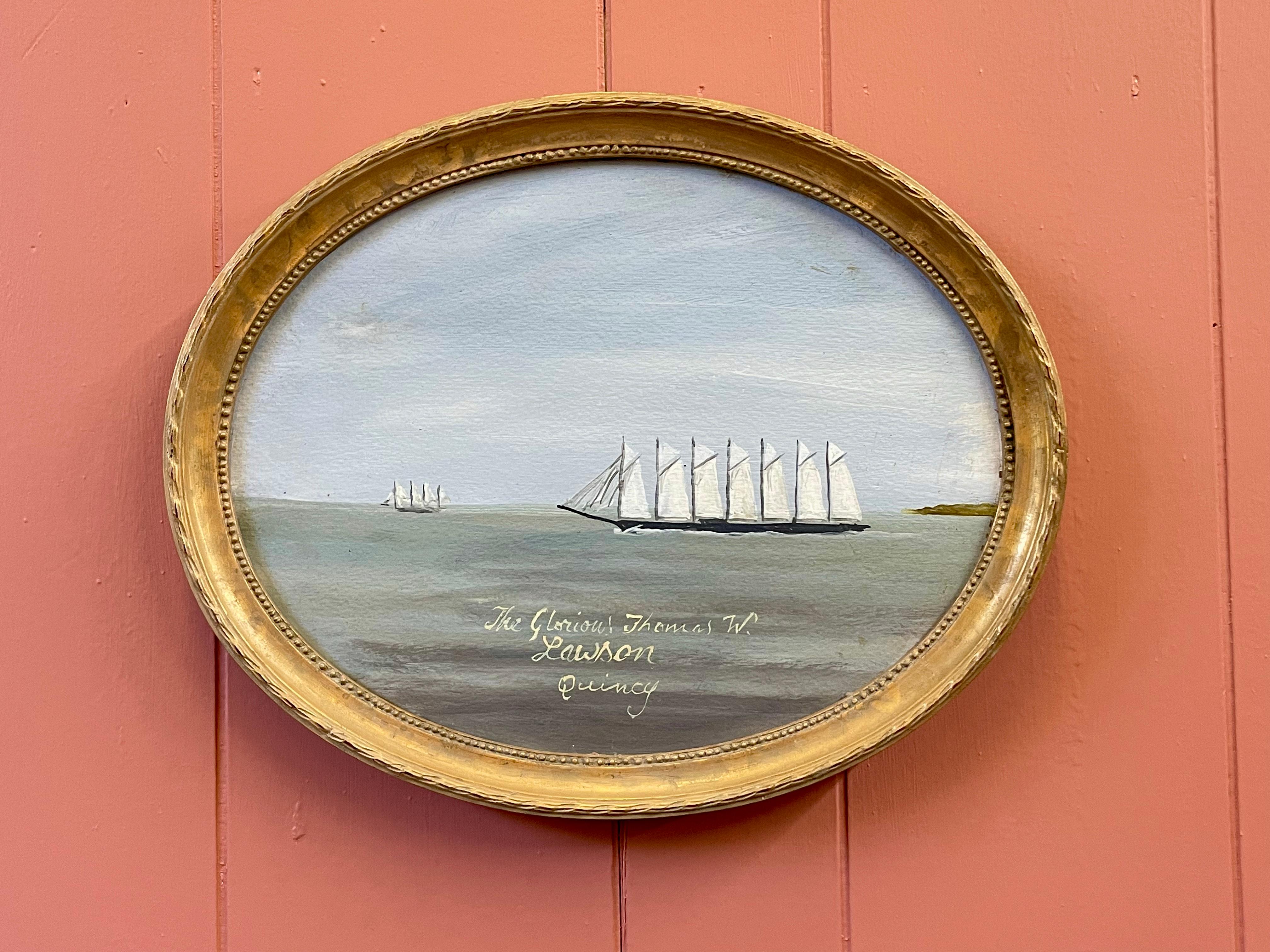 Giltwood Oval Seascape Ship Painting of the 