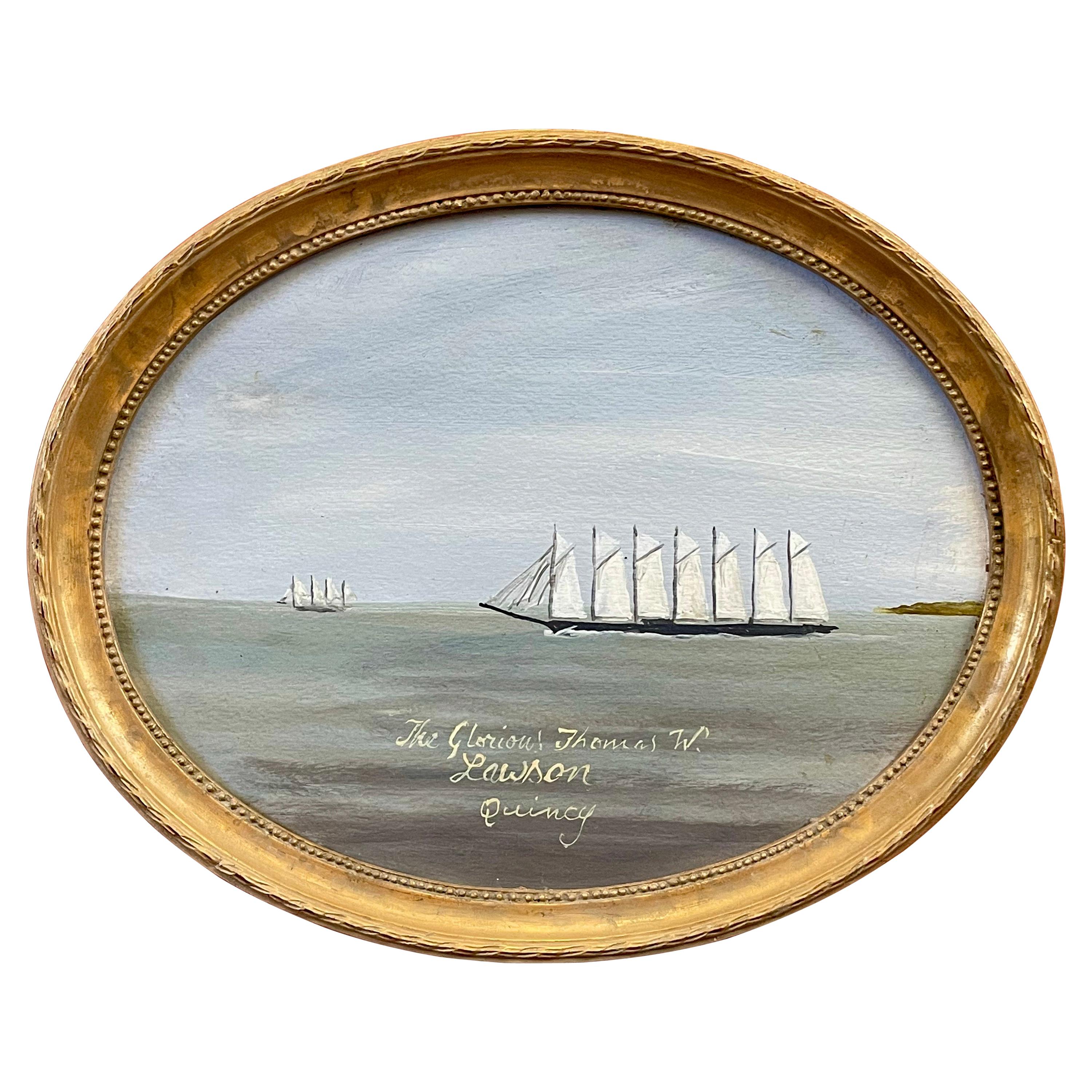 Oval Seascape Ship Painting of the "Thomas W. Lawson" Seven-Masted Schooner