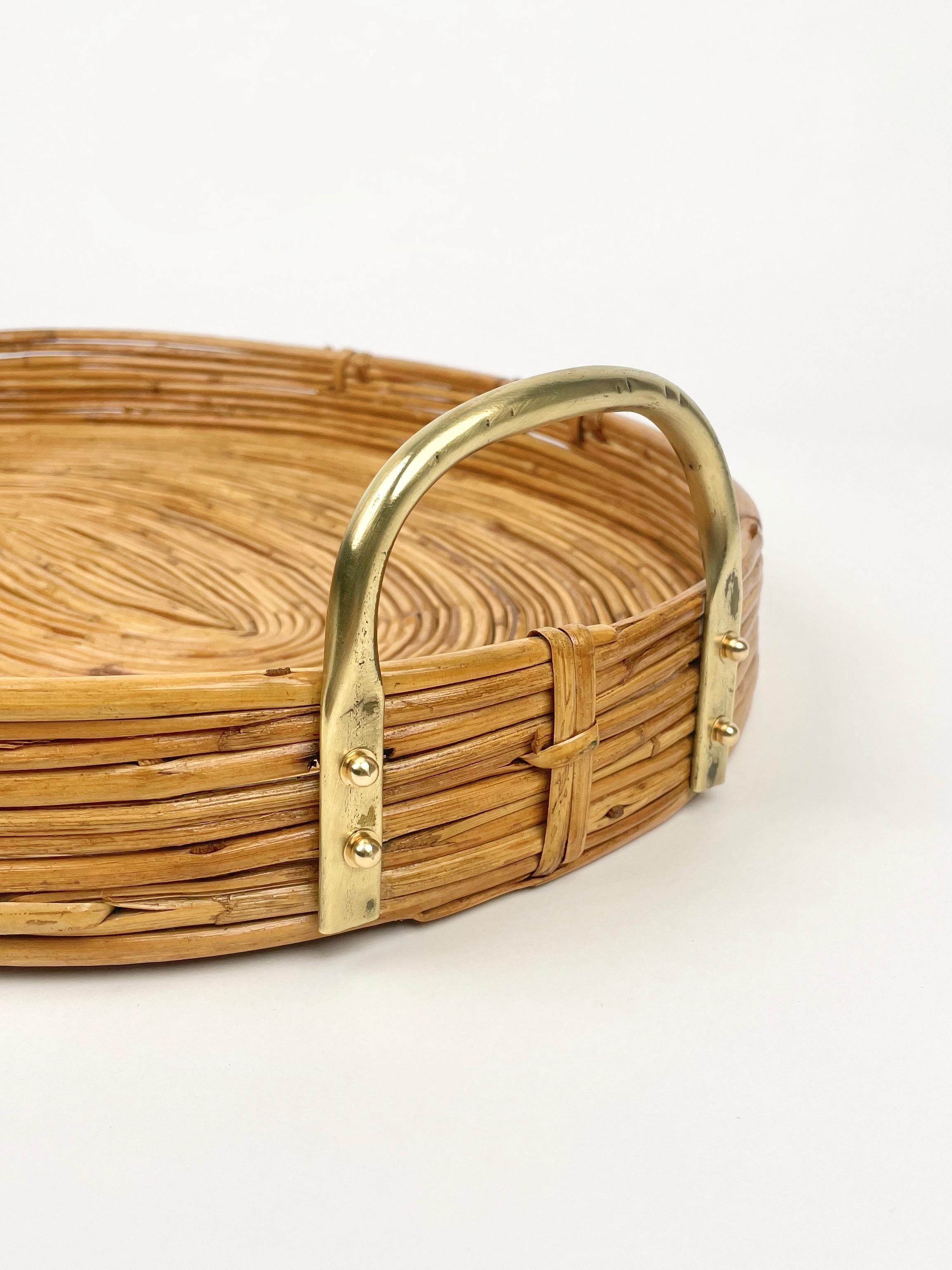 Metal Oval Serving Tray Bamboo, Rattan & Brass, Italy 1970s For Sale