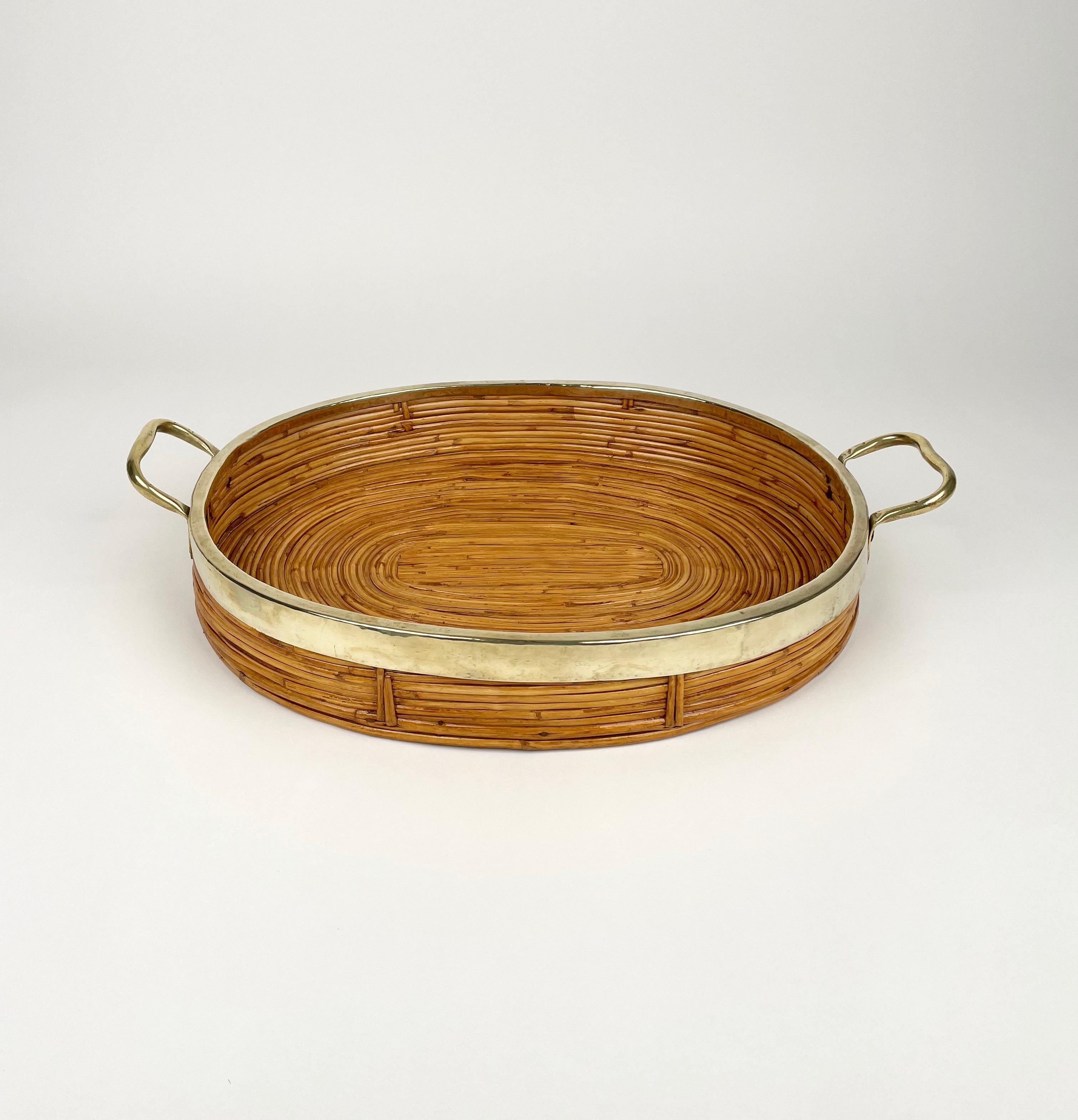 Oval Serving Tray Bamboo, Rattan & Brass, Italy 1970s For Sale 3
