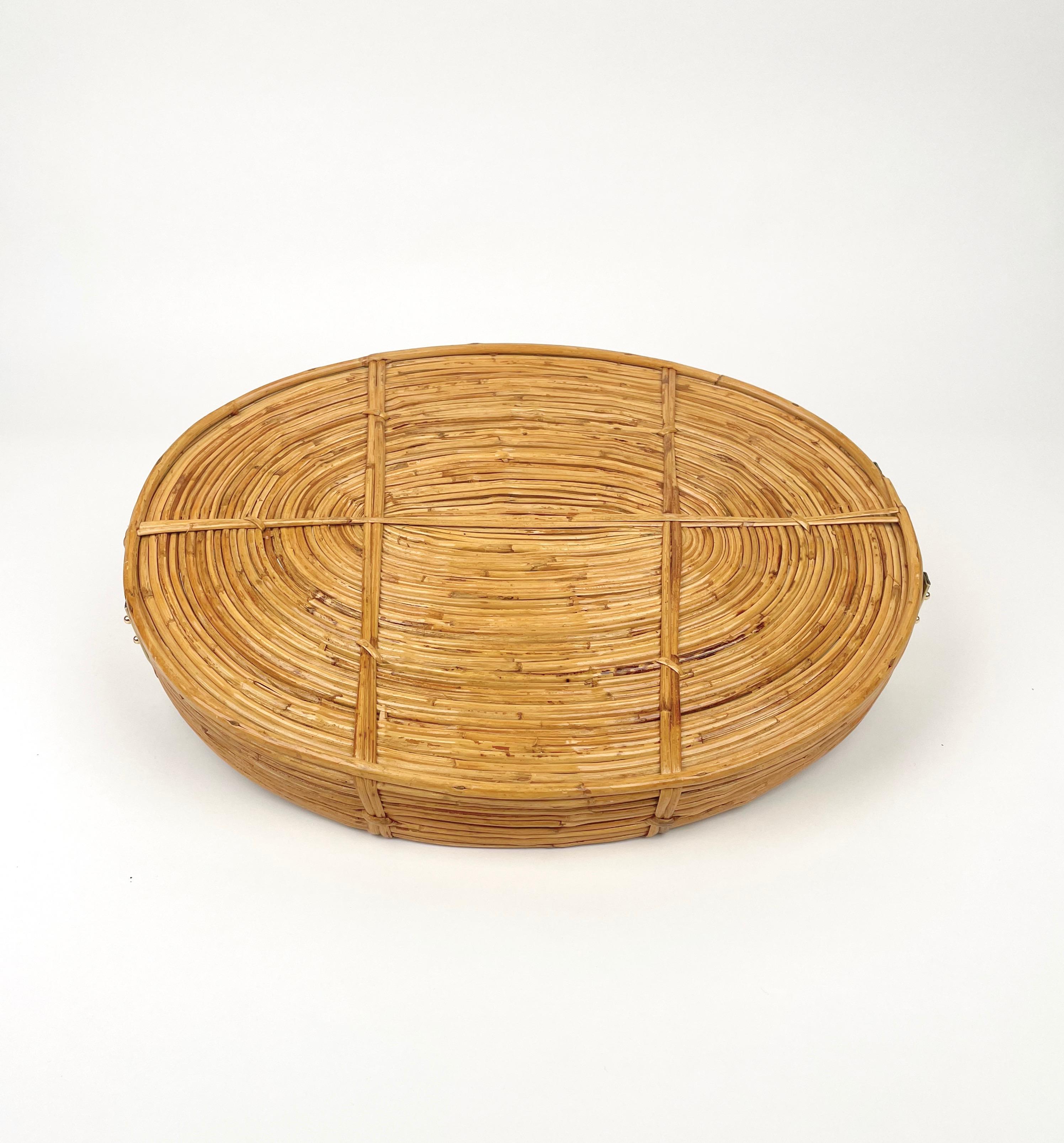 Oval Serving Tray Bamboo, Rattan & Brass, Italy 1970s For Sale 1
