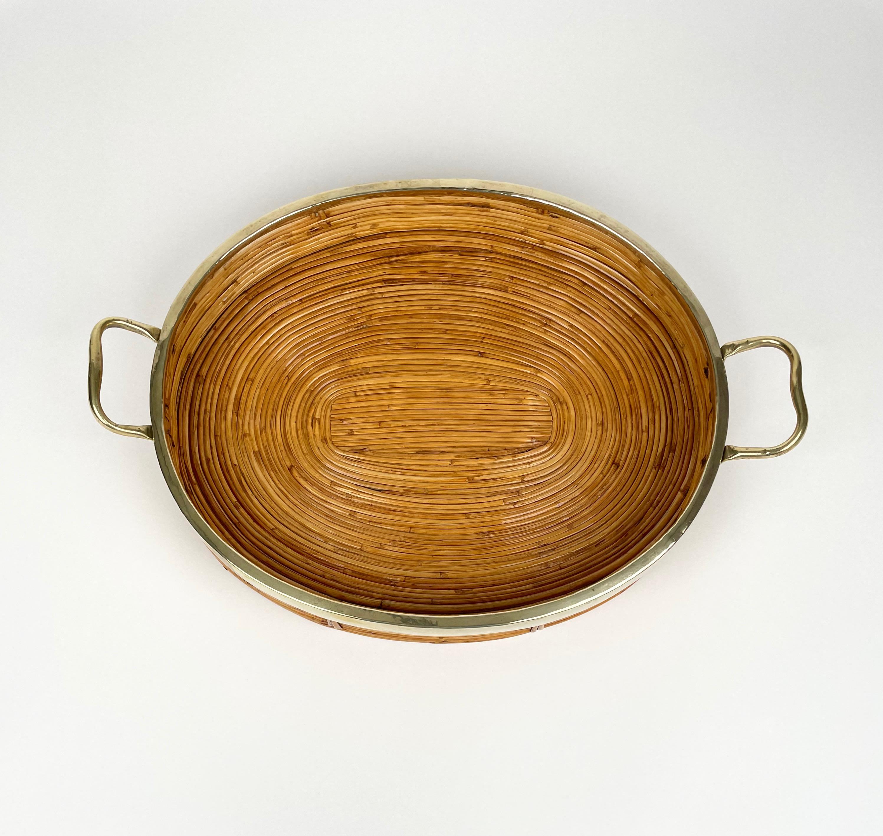 Oval Serving Tray Bamboo, Rattan & Brass, Italy 1970s For Sale 4