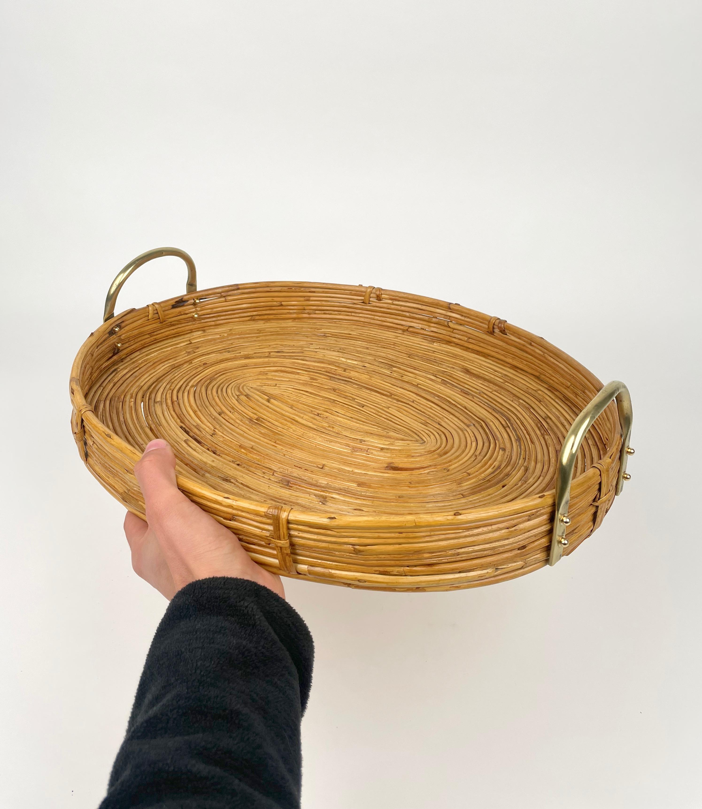 Oval Serving Tray Bamboo, Rattan & Brass, Italy 1970s For Sale 2