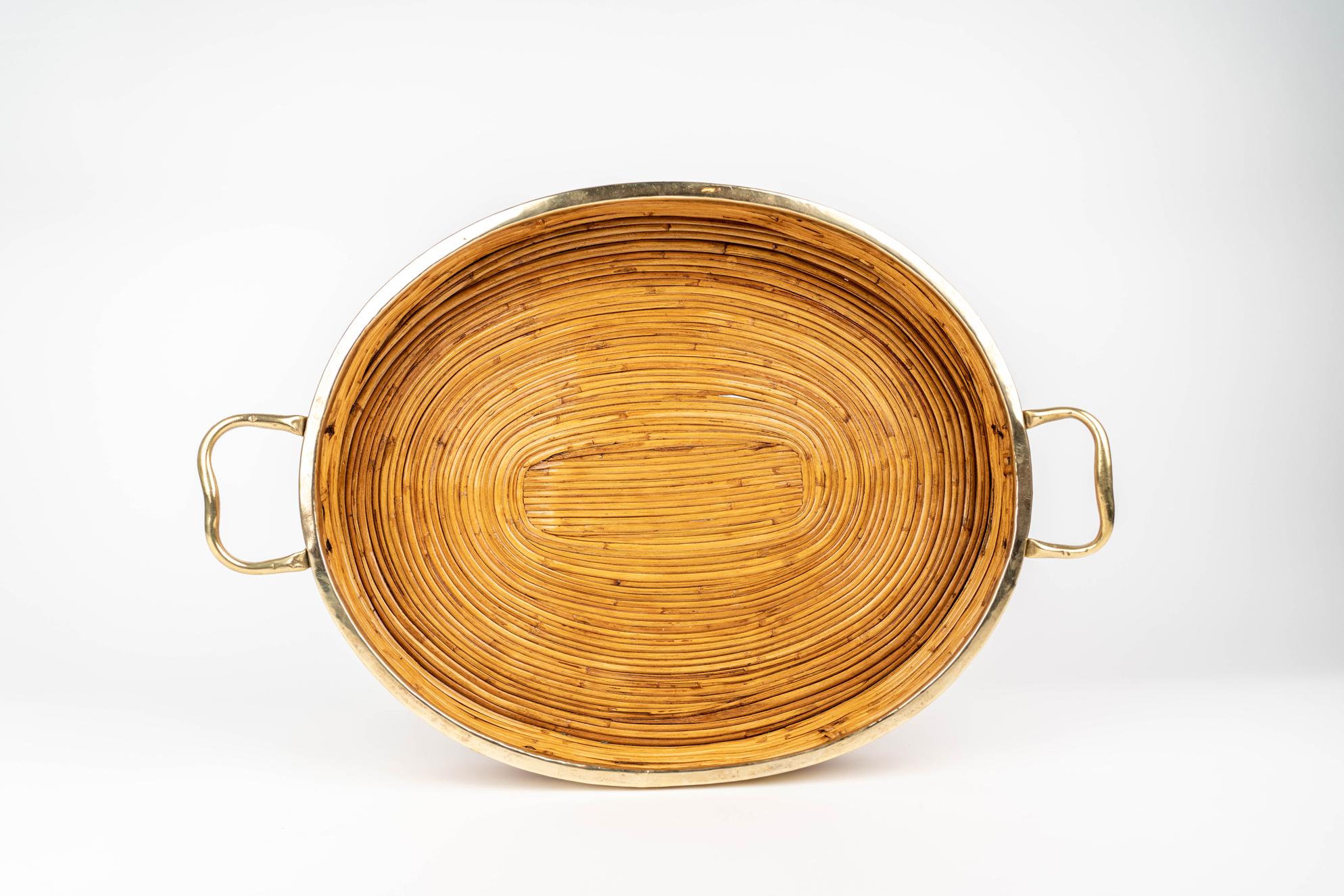 Oval Serving Tray Bamboo, Rattan & Brass, Italy 1970s 5