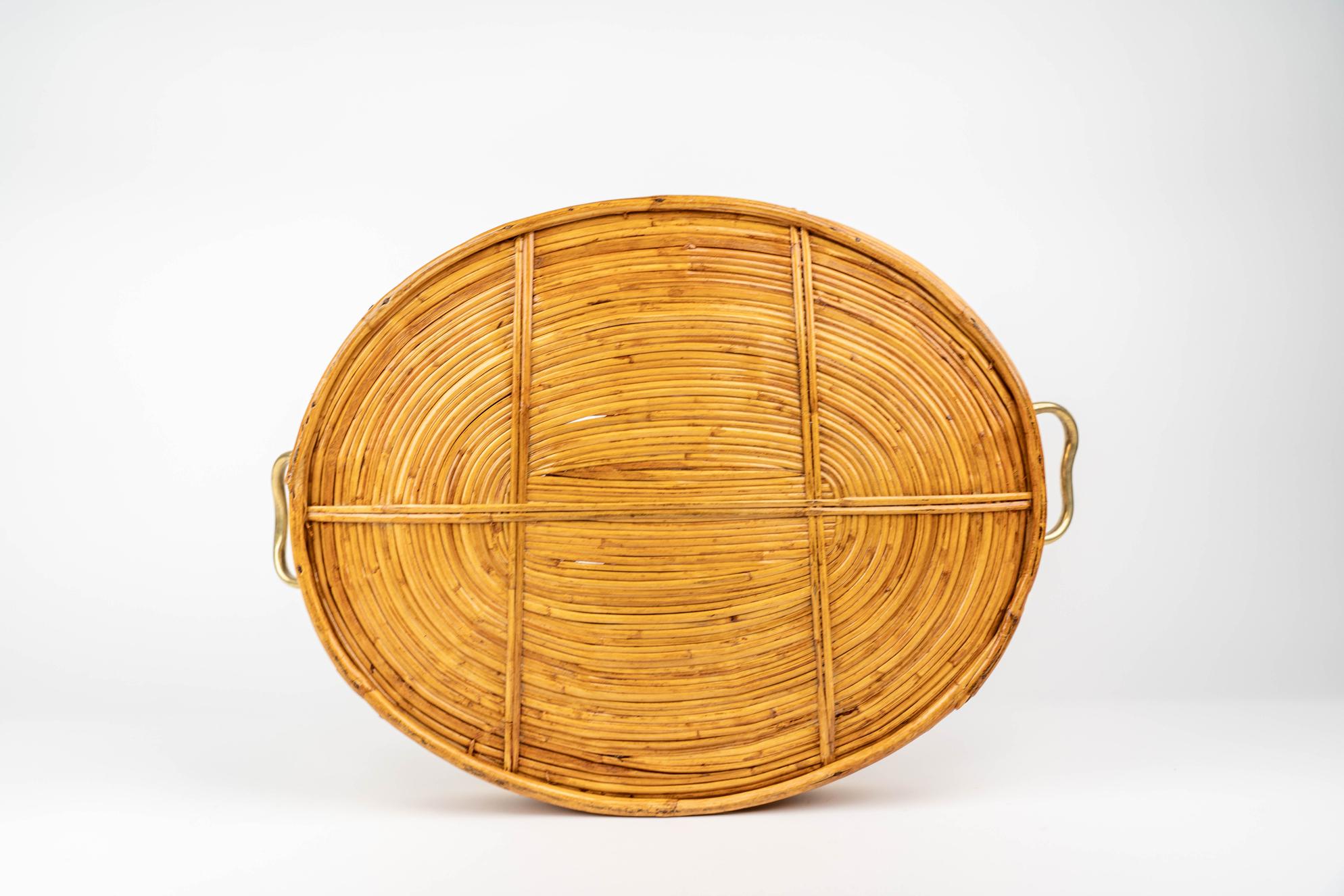 Oval Serving Tray Bamboo, Rattan & Brass, Italy 1970s For Sale 6