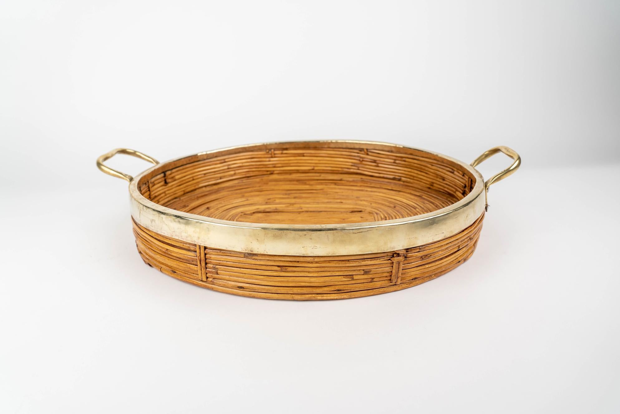 Mid-Century Modern Oval Serving Tray Bamboo, Rattan & Brass, Italy 1970s