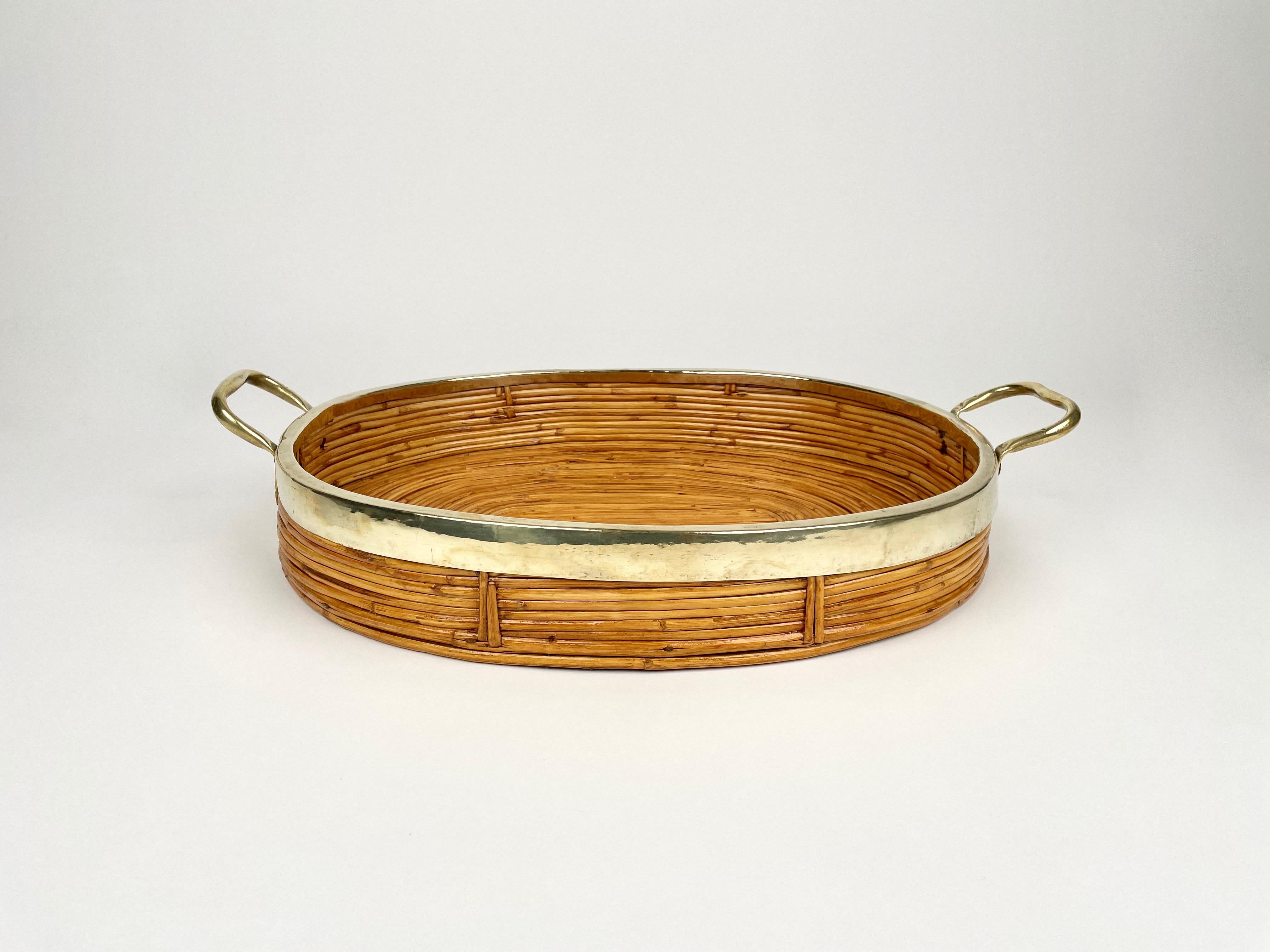 Italian Oval Serving Tray Bamboo, Rattan & Brass, Italy 1970s For Sale