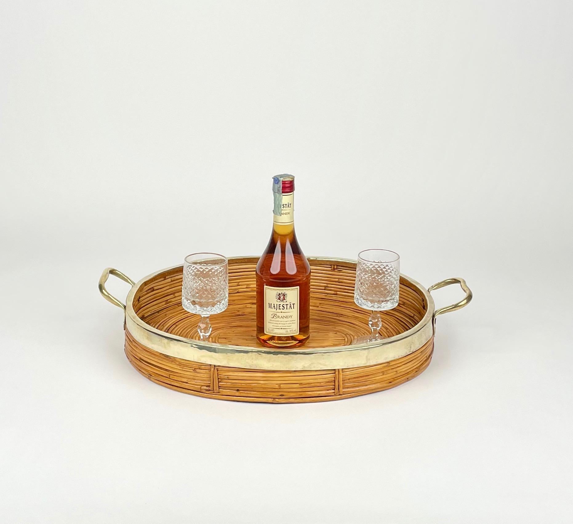 Oval Serving Tray Bamboo, Rattan & Brass, Italy 1970s In Good Condition For Sale In Rome, IT