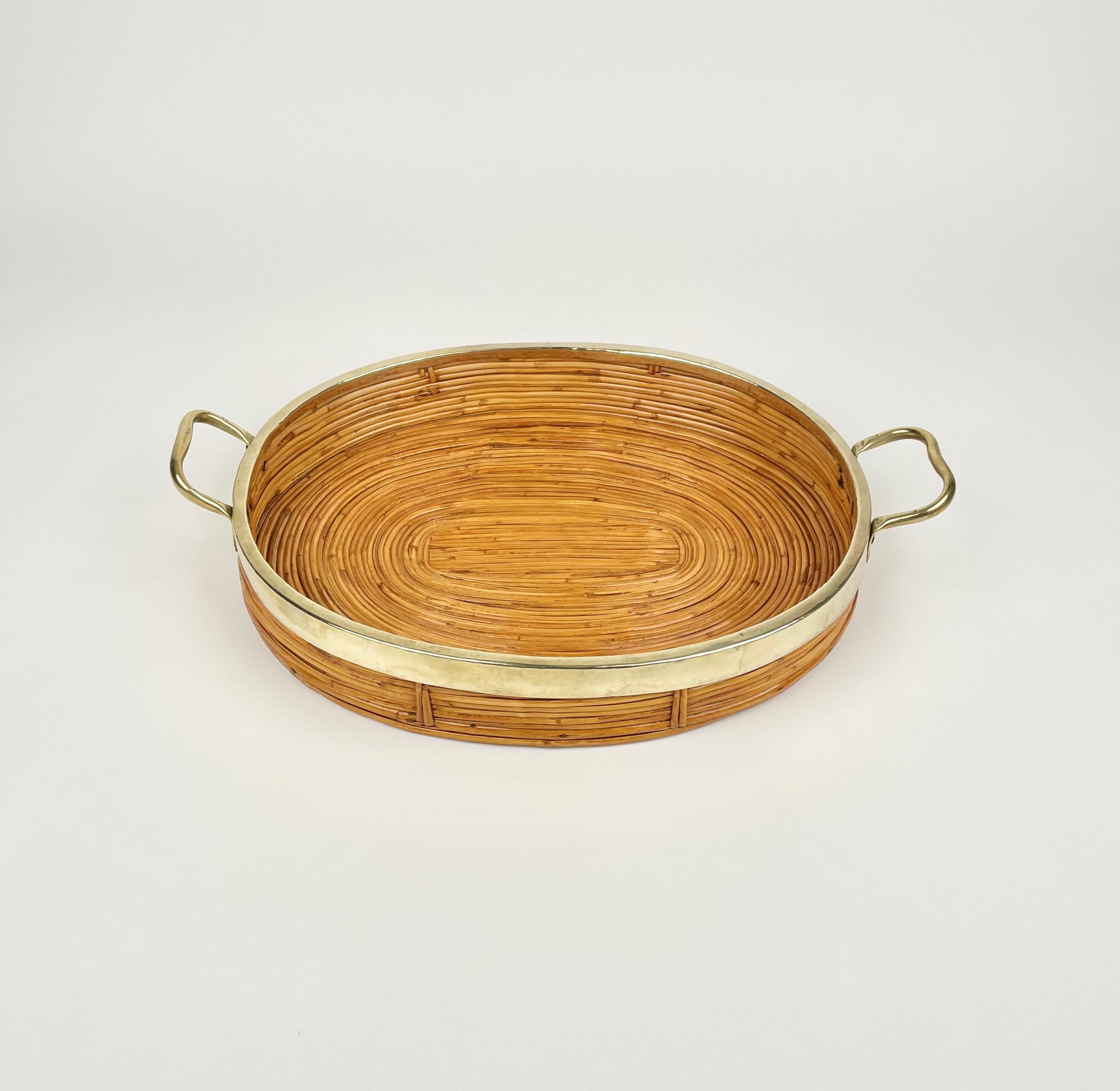 Oval Serving Tray Bamboo, Rattan & Brass, Italy 1970s For Sale 2