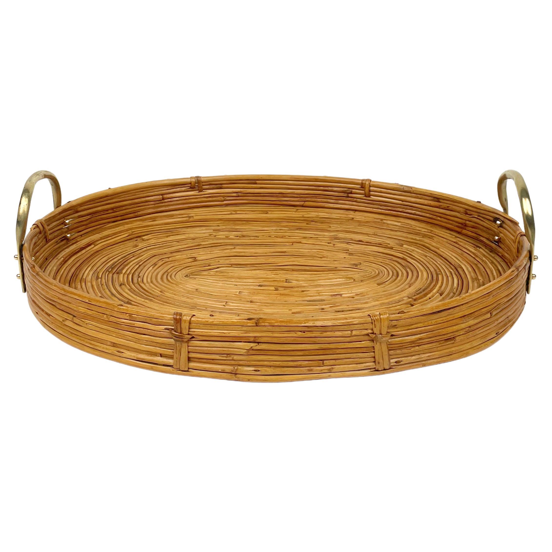 Oval Serving Tray Bamboo, Rattan and Brass, Italy 1970s For Sale at 1stDibs