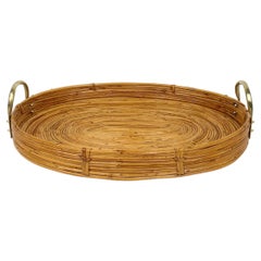 Retro Oval Serving Tray Bamboo, Rattan & Brass, Italy 1970s