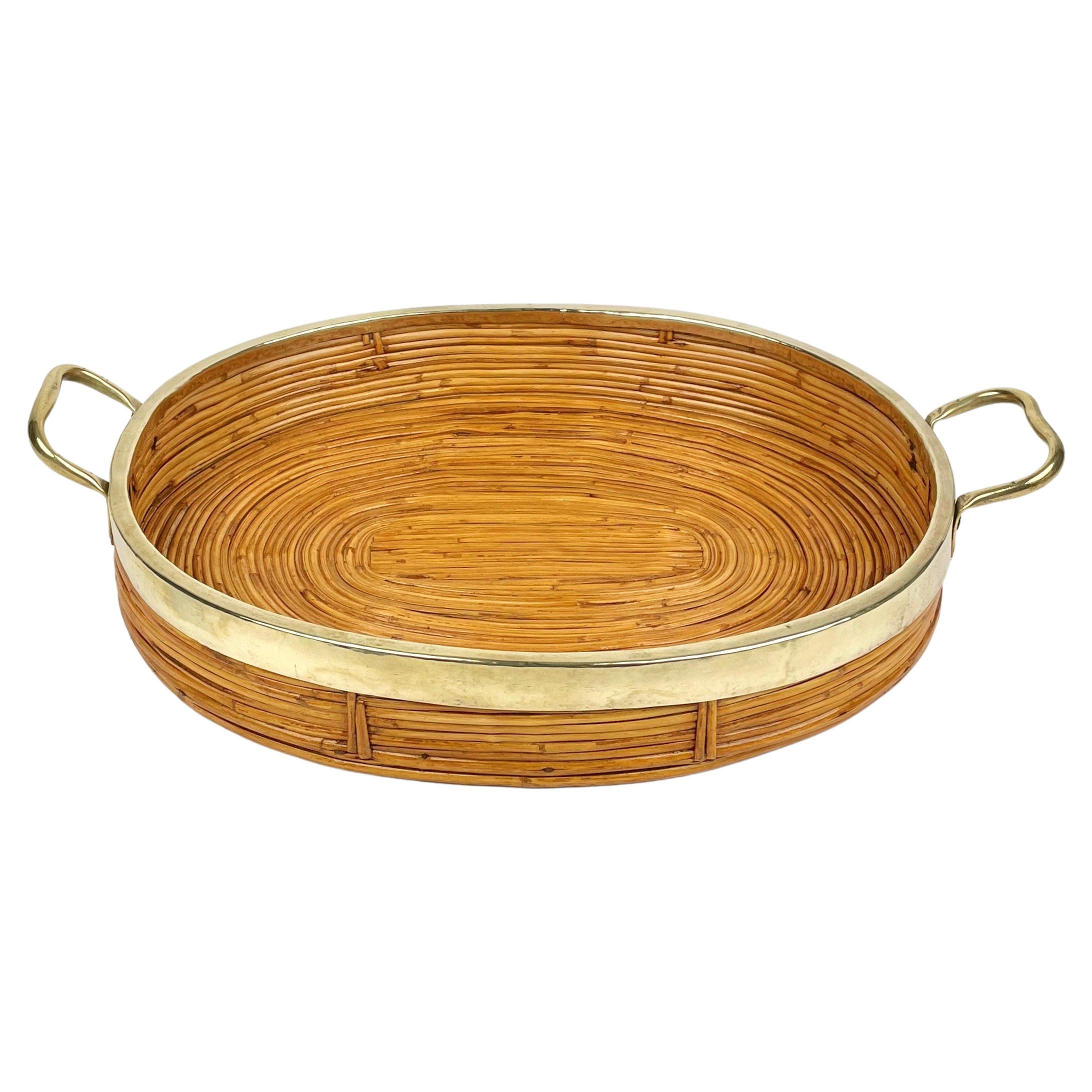 Oval Serving Tray Bamboo, Rattan & Brass, Italy 1970s For Sale