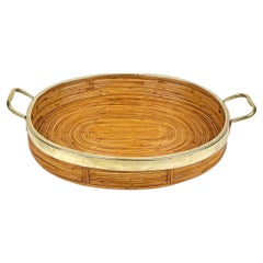 Retro Oval Serving Tray Bamboo, Rattan & Brass, Italy 1970s
