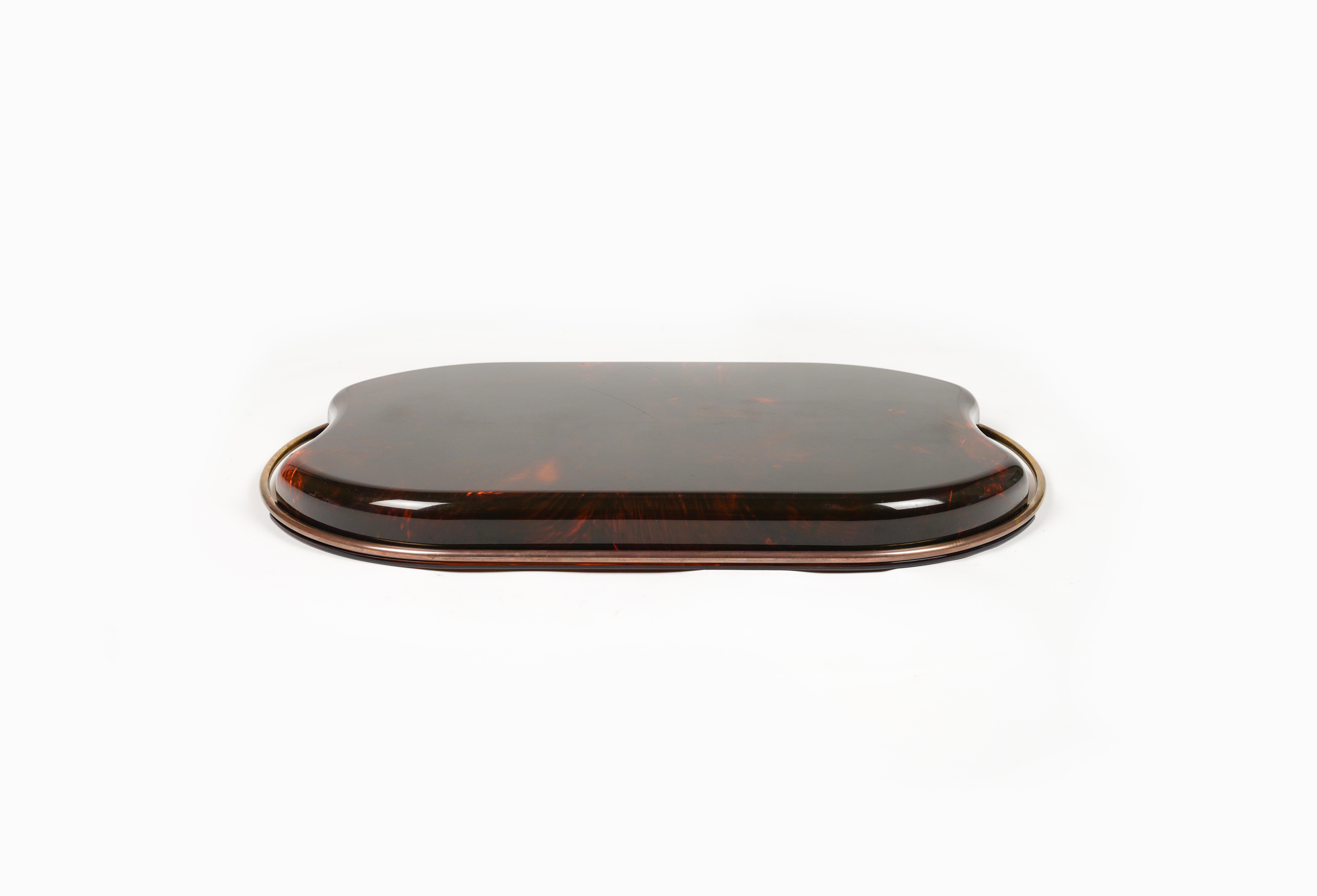 Oval Serving Tray in Effect Tortoiseshell Lucite & Brass by Guzzini, Italy 1970s For Sale 6