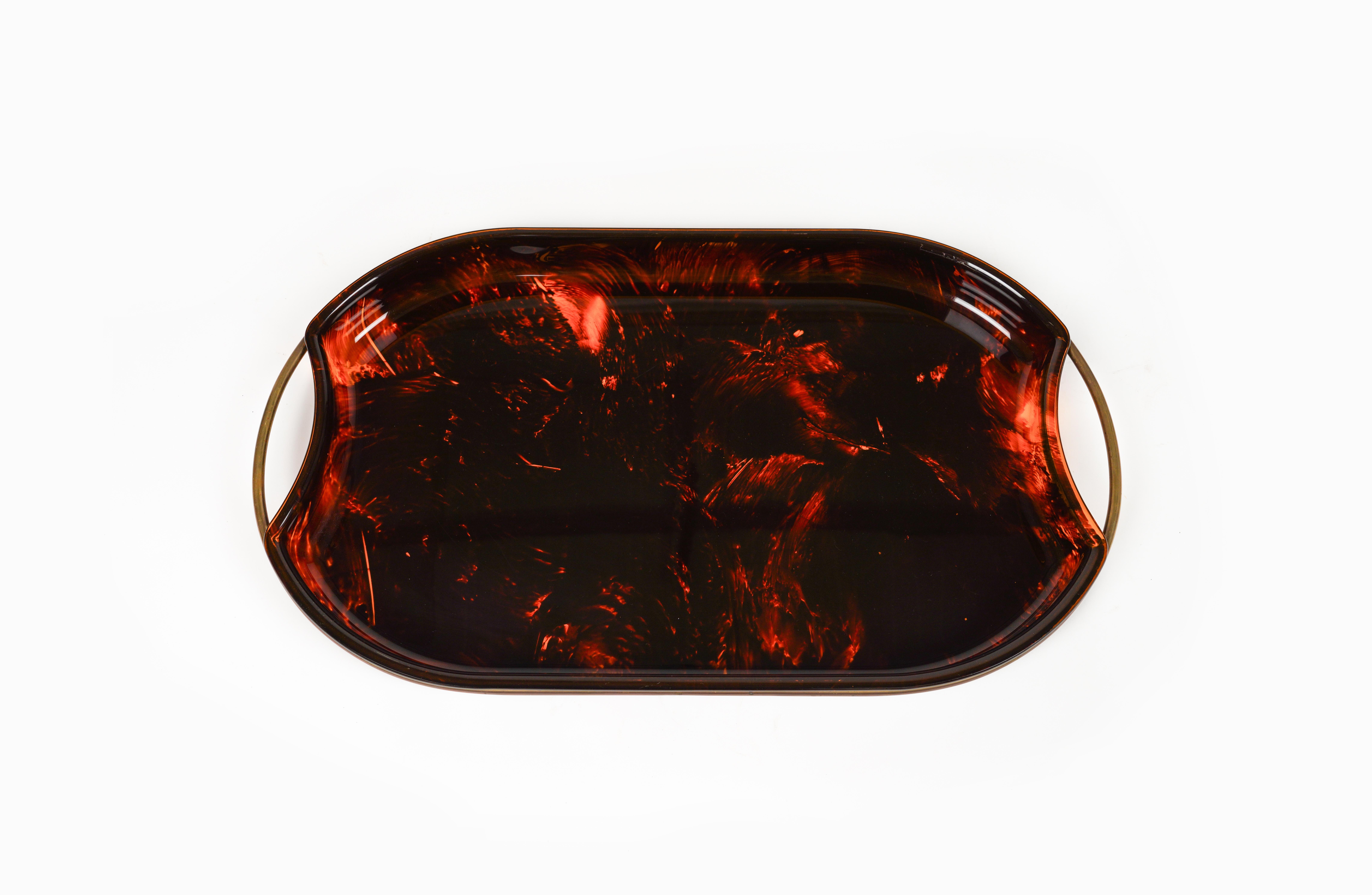 Oval Serving Tray in Effect Tortoiseshell Lucite & Brass by Guzzini, Italy 1970s For Sale 7