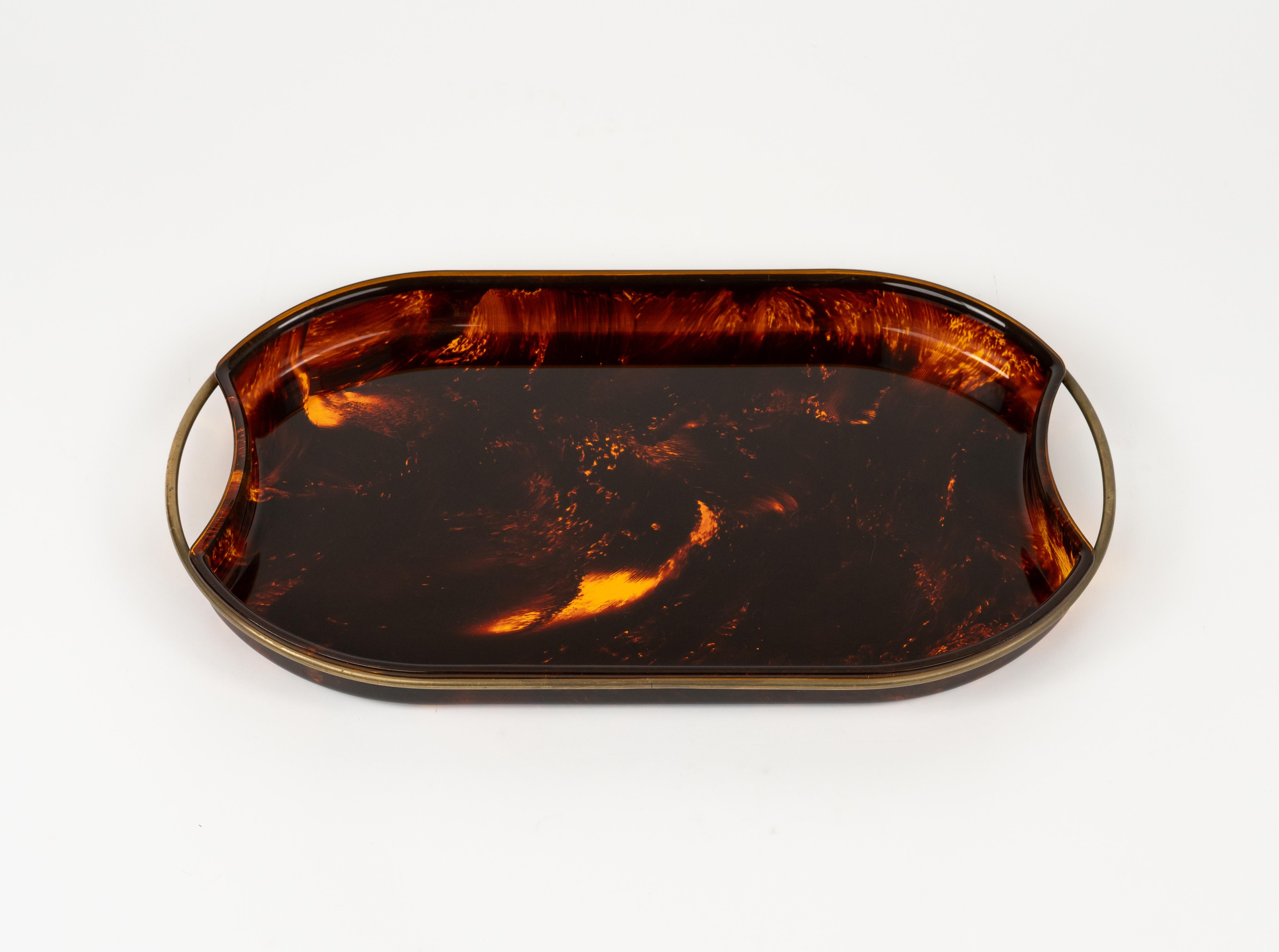 Metal Oval Serving Tray in Effect Tortoiseshell Lucite & Brass by Guzzini, Italy 1970s For Sale