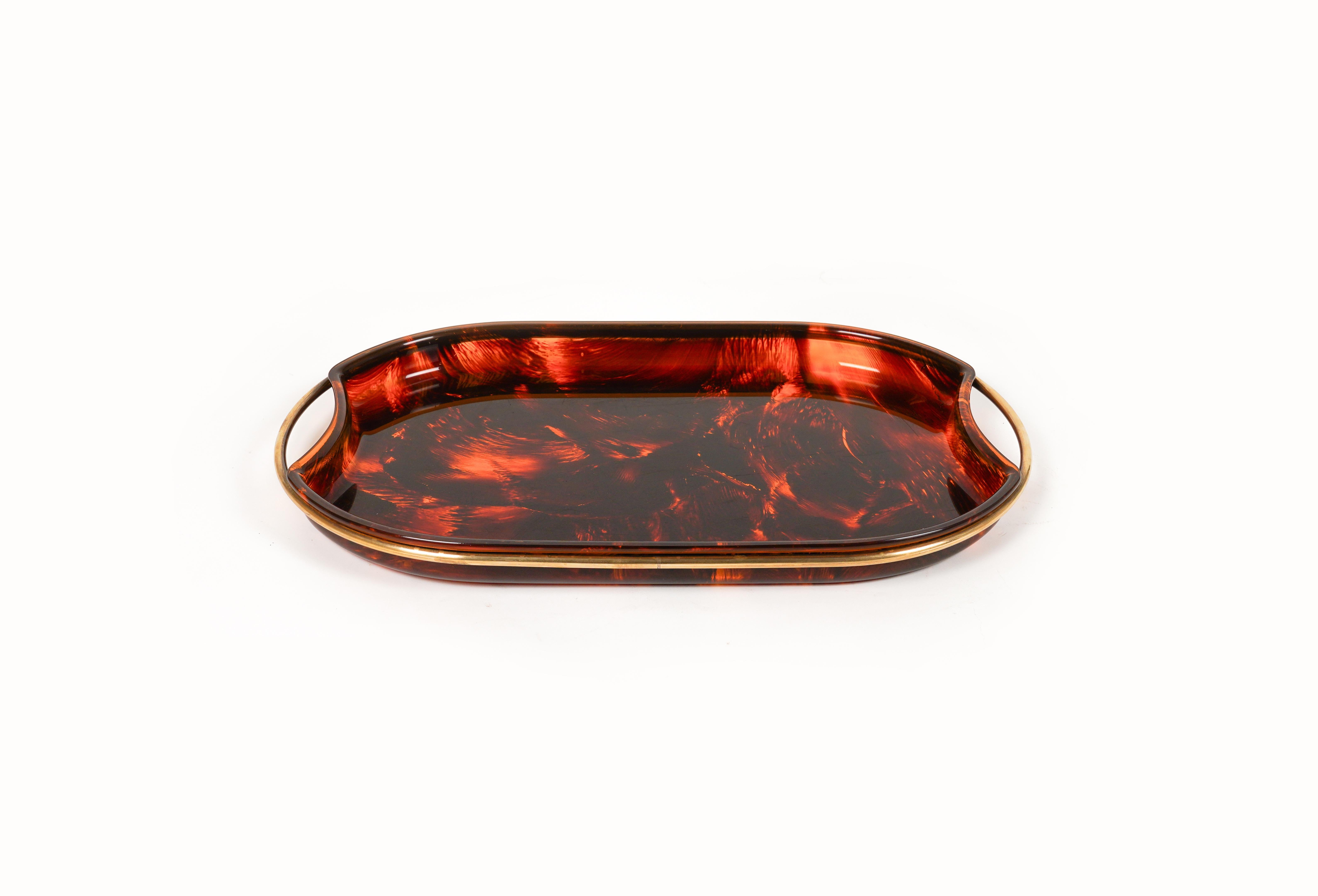 Oval Serving Tray in Effect Tortoiseshell Lucite & Brass by Guzzini, Italy 1970s For Sale 1