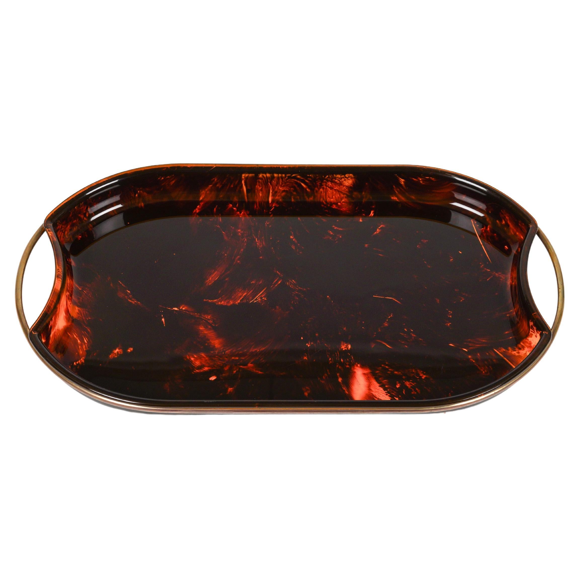 Oval Serving Tray in Effect Tortoiseshell Lucite & Brass by Guzzini, Italy 1970s For Sale