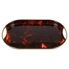 Retro Oval Serving Tray in Effect Tortoiseshell Lucite & Brass by Guzzini, Italy 1970s