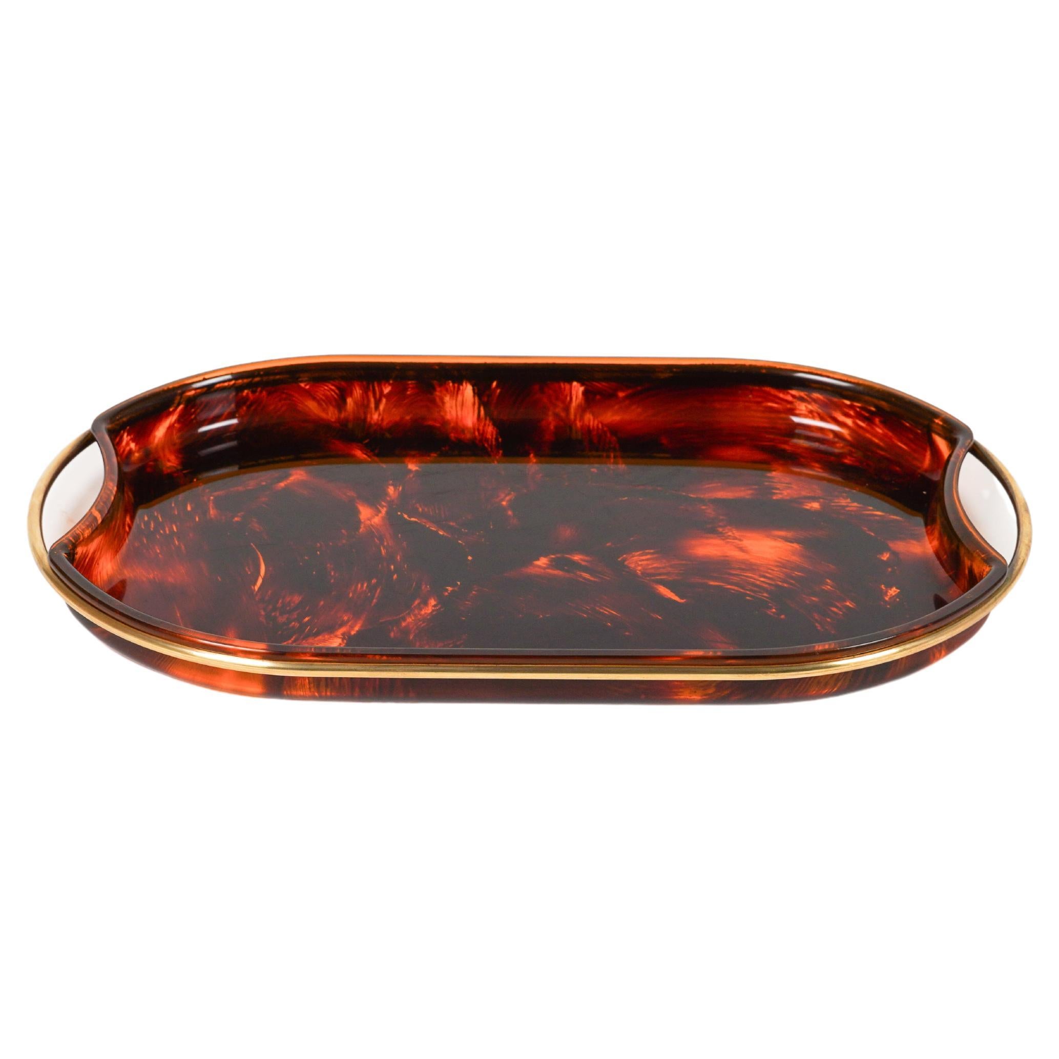 Oval Serving Tray in Effect Tortoiseshell Lucite & Brass by Guzzini, Italy 1970s