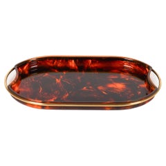 Oval Serving Tray in Effect Tortoiseshell Lucite & Brass by Guzzini, Italy 1970s