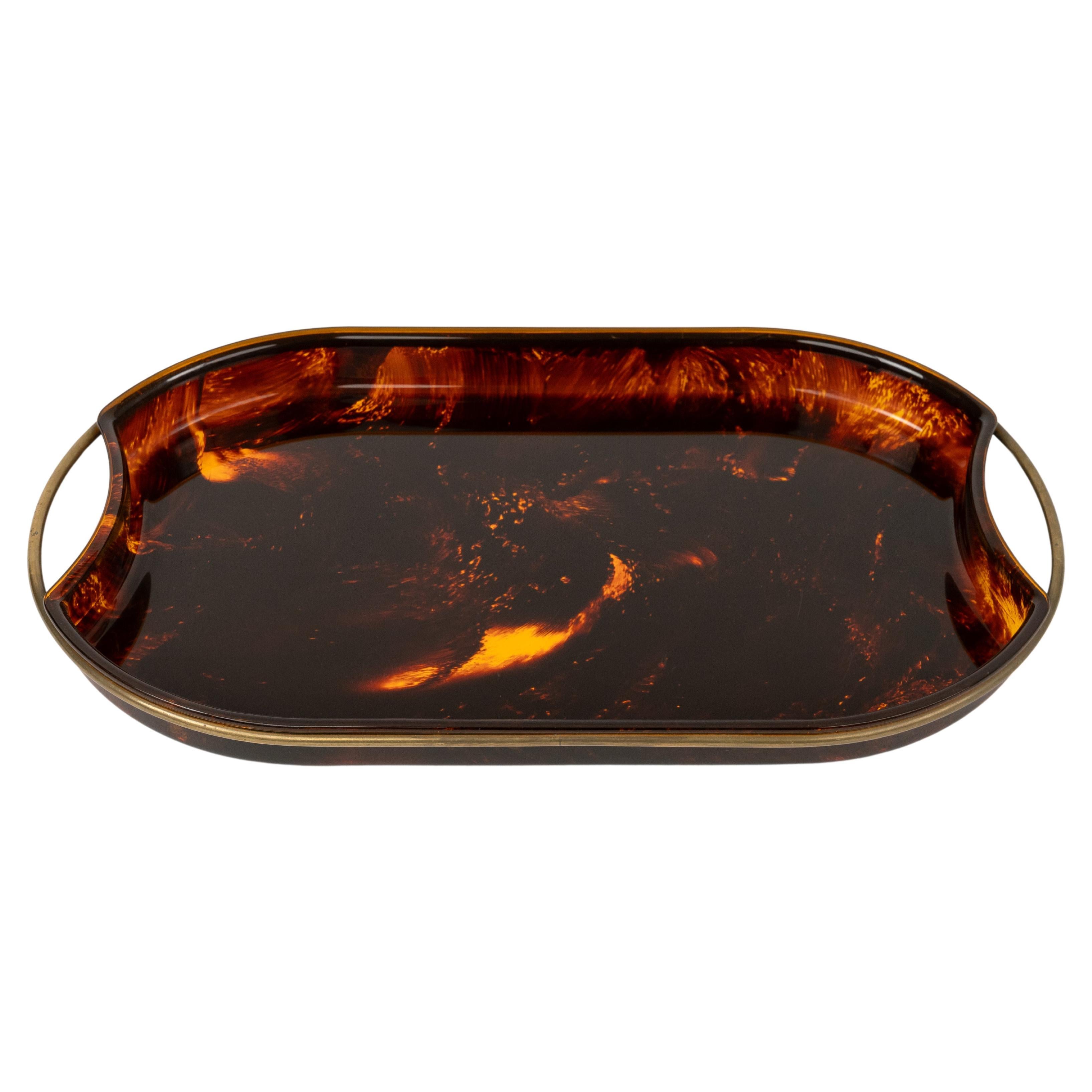 Oval Serving Tray in Effect Tortoiseshell Lucite & Brass by Guzzini, Italy 1970s For Sale