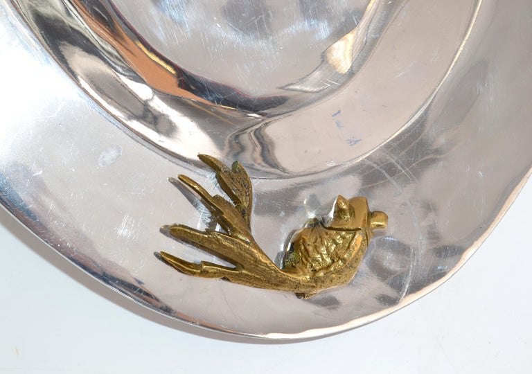 Oval Serving Tray Platter Bronze Fish Handles and Chrome Finish Art