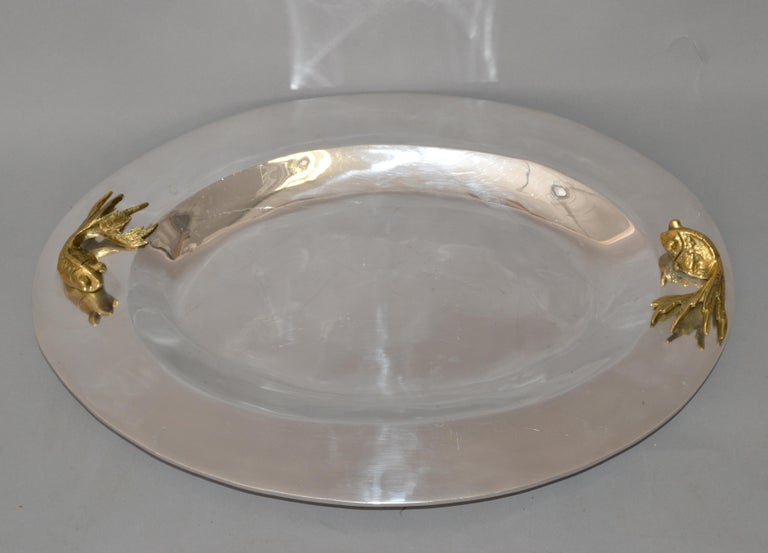 Oval Serving Tray Platter Bronze Fish Handles and Chrome Finish Art