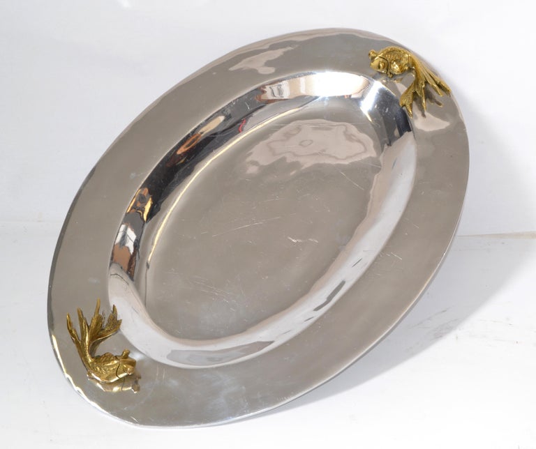 Oval Serving Tray Platter Bronze Fish Handles and Chrome Finish Art