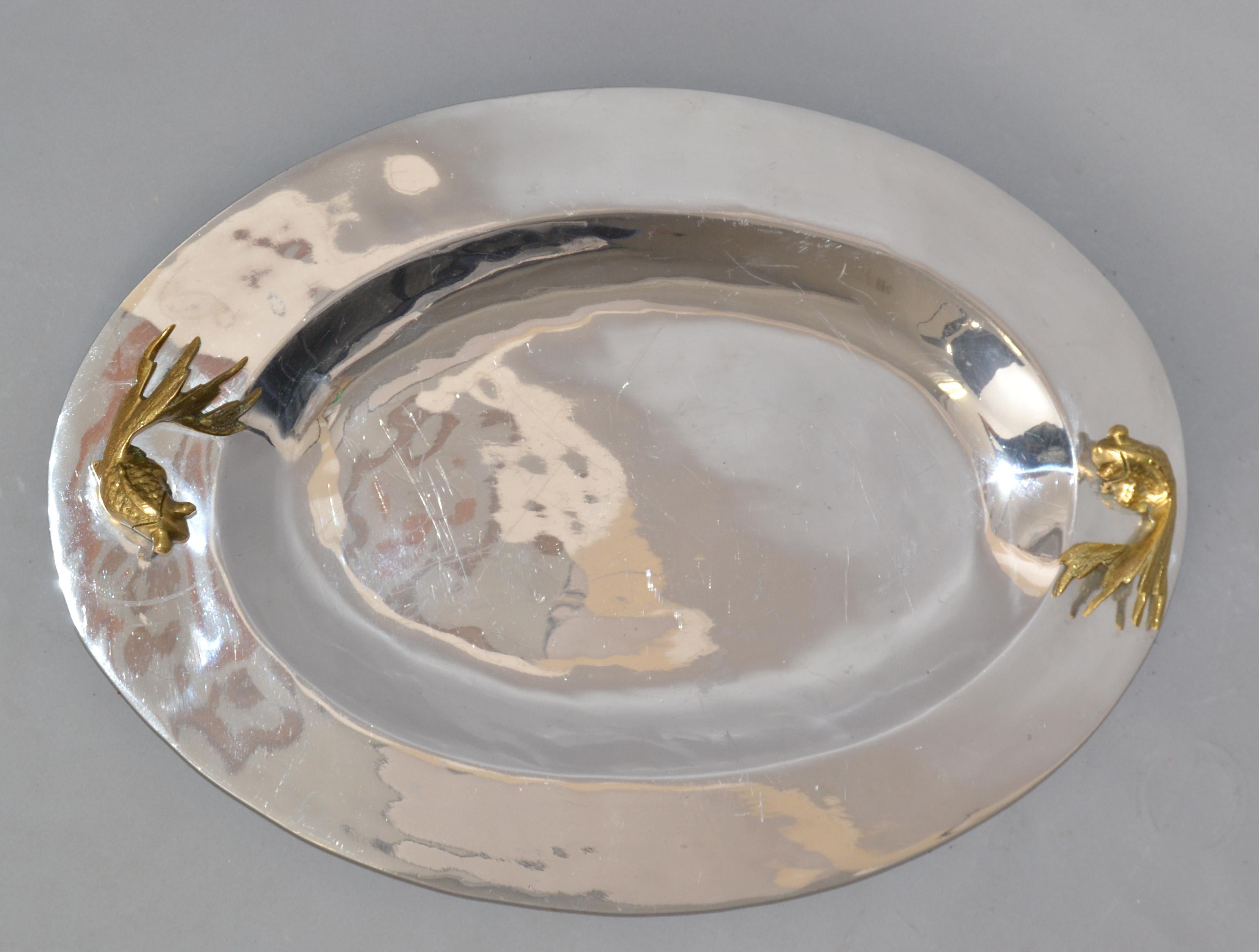 Plated Oval Serving Tray Platter Bronze Fish Handles and Chrome Finish Art Deco Style For Sale