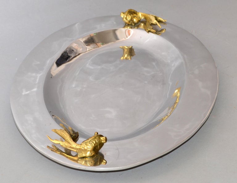 Oval Serving Tray Platter Bronze Fish Handles and Chrome Finish Art