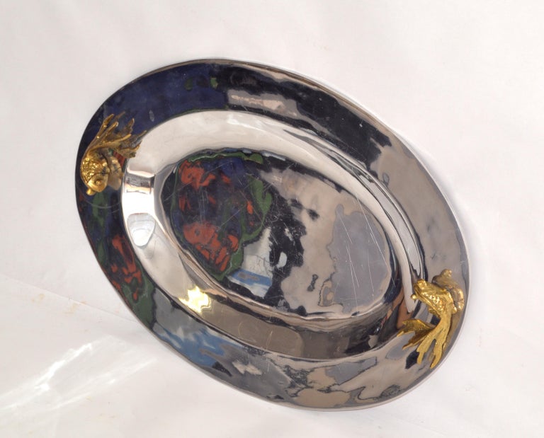 Oval Serving Tray Platter Bronze Fish Handles and Chrome Finish Art