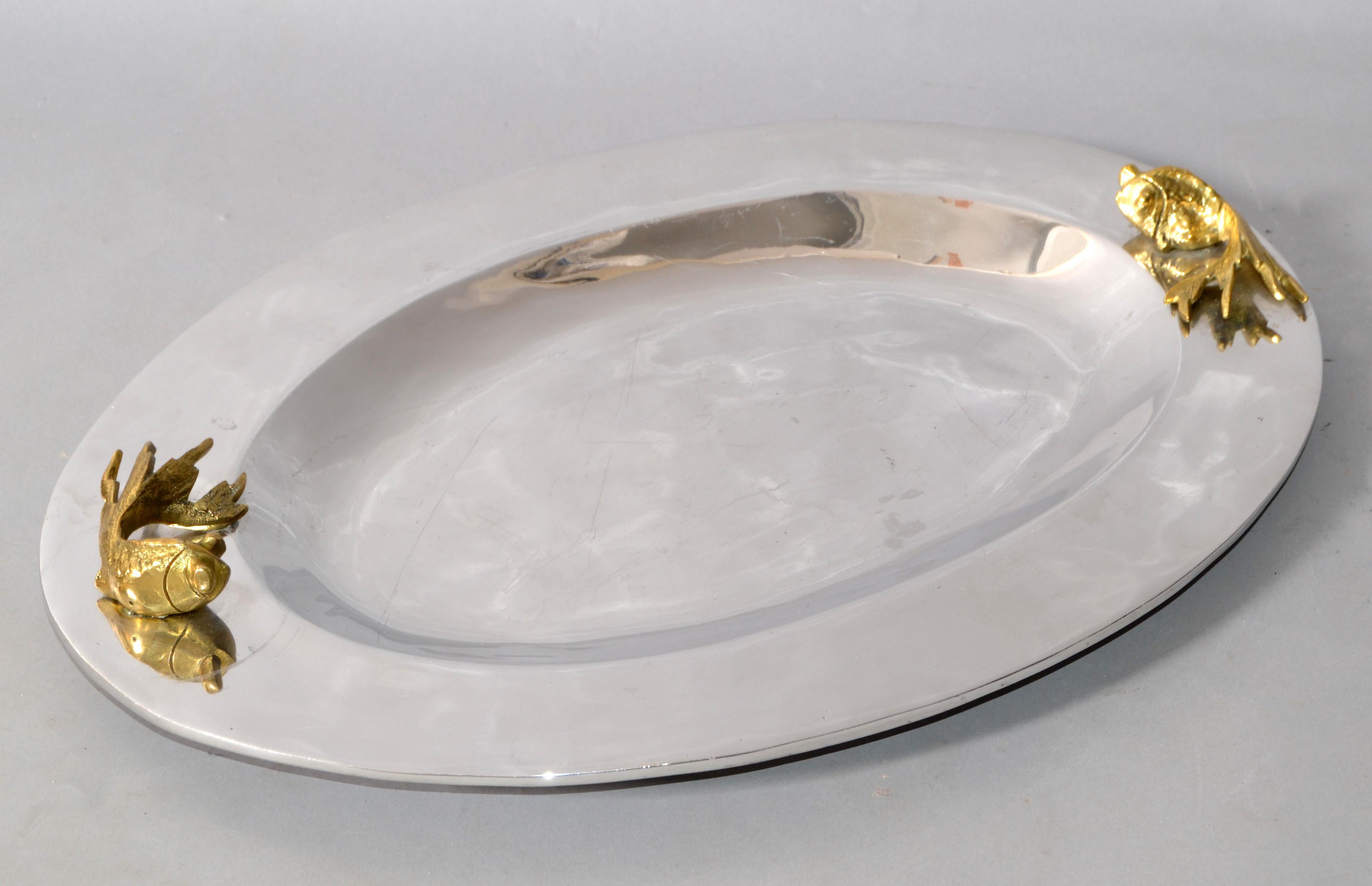 Oval Serving Tray Platter Bronze Fish Handles and Chrome Finish Art Deco Style For Sale 1