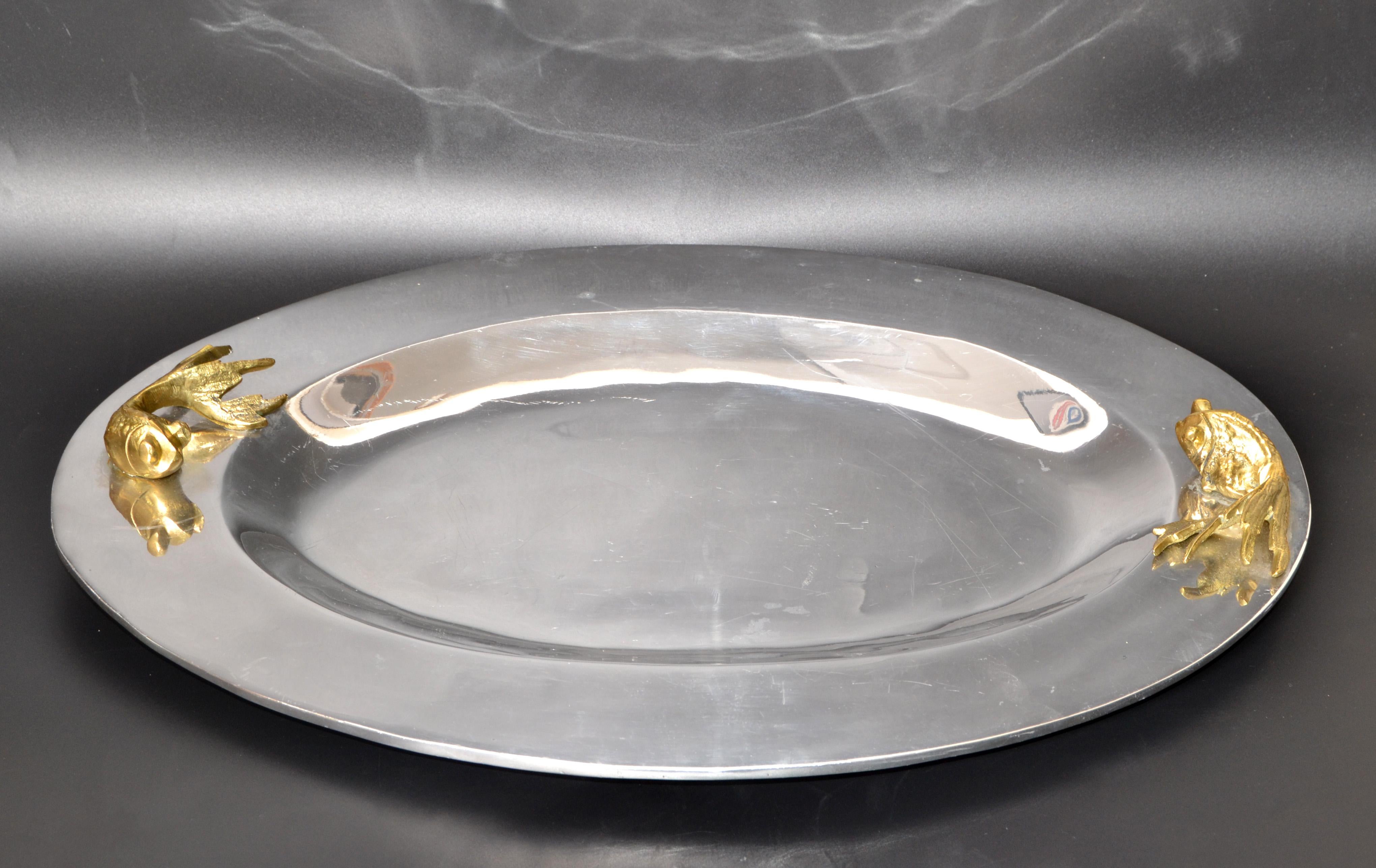 Oval Serving Tray Platter Bronze Fish Handles and Chrome Finish Art Deco Style For Sale 2